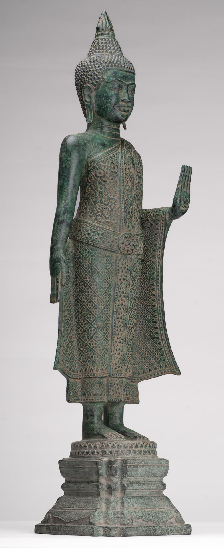 Buddha Statue - Antique Khmer Style Bronze Standing Abhaya Protection Buddha Statue - 64cm/26"