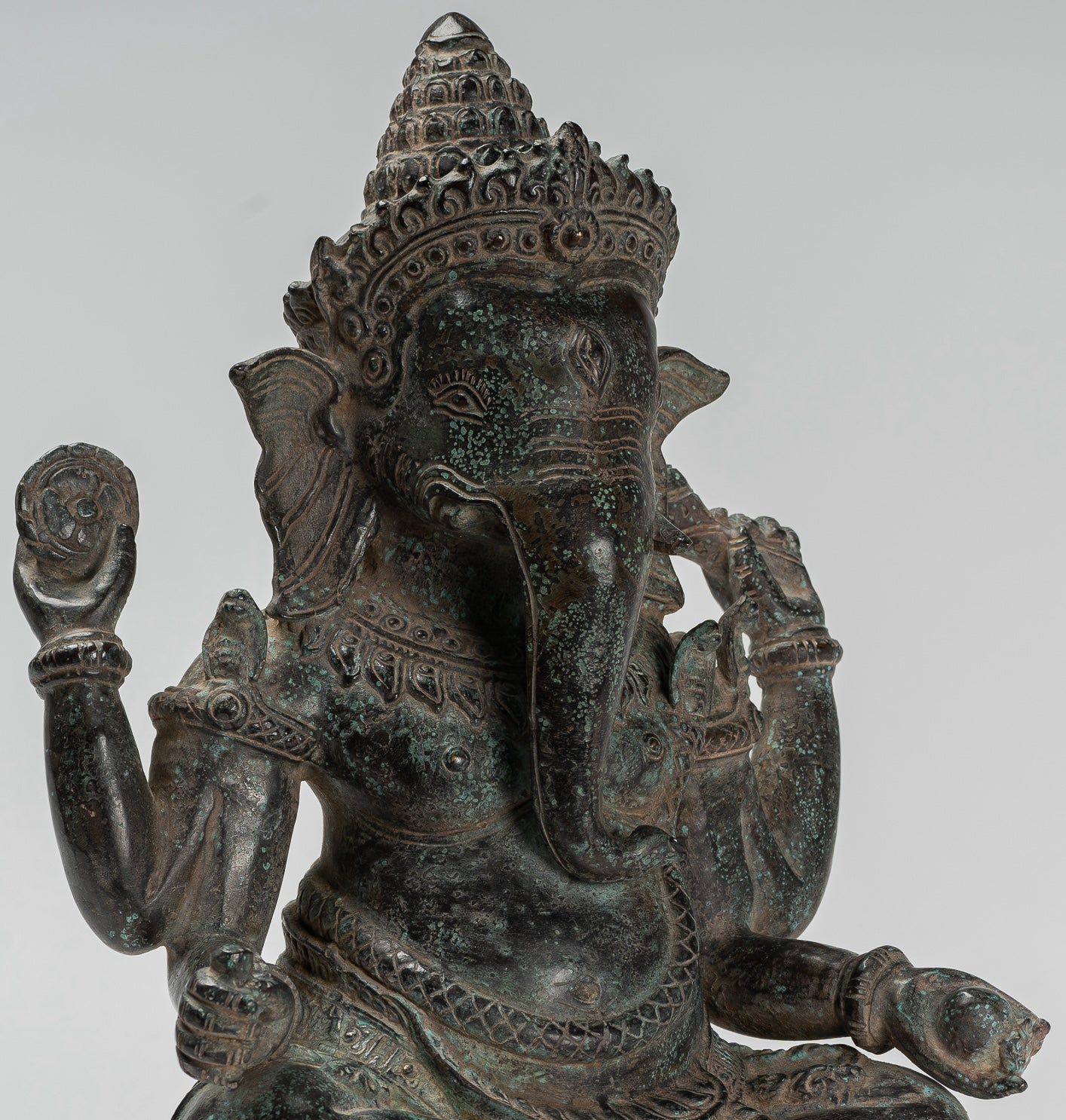 Ganesha Statue - Antique Khmer Style Baphuon Bronze Seated Four Arm Ganesh Statue - 33cm/13"