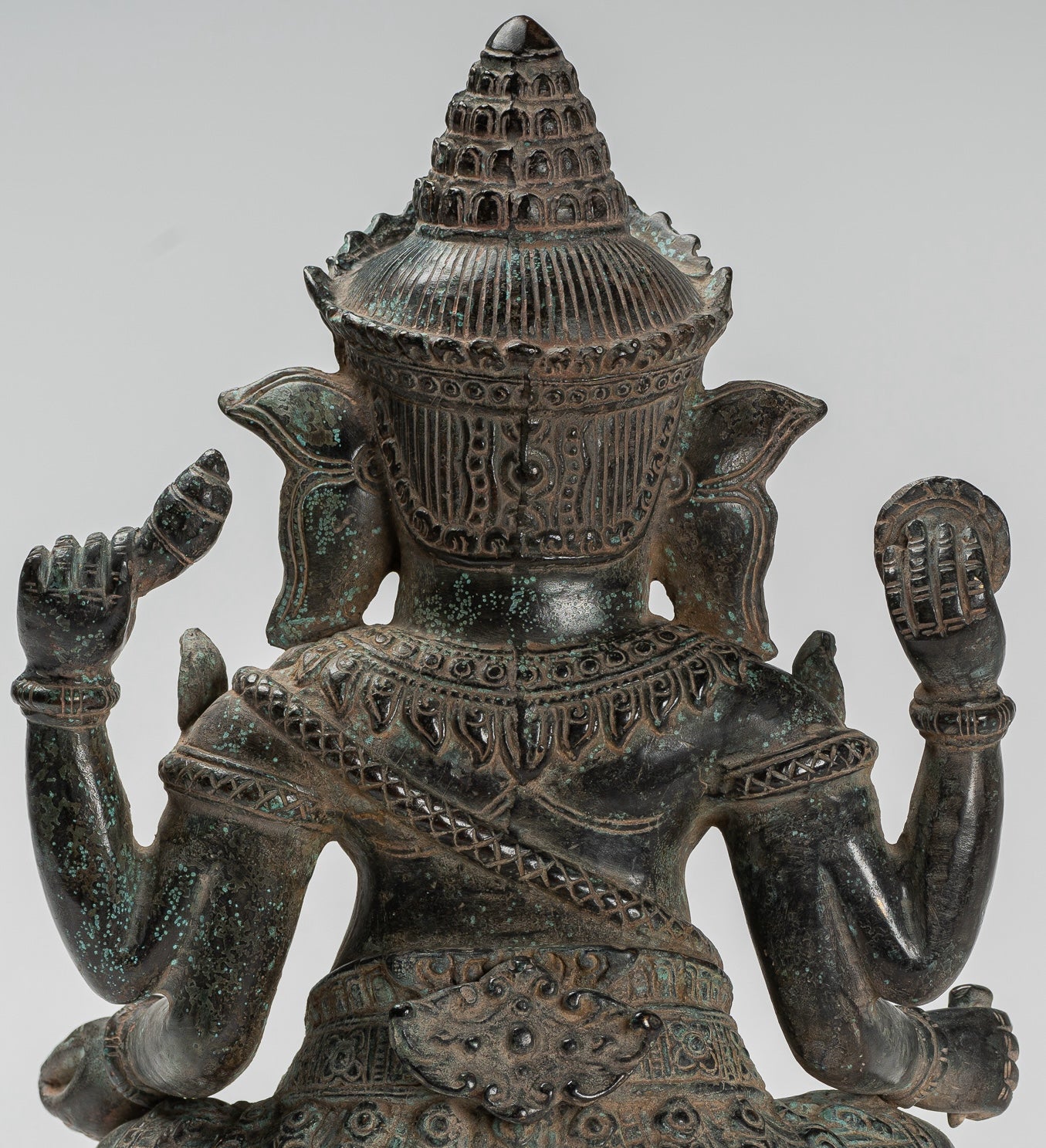 Ganesha Statue - Antique Khmer Style Baphuon Bronze Seated Four Arm Ganesh Statue - 33cm/13"