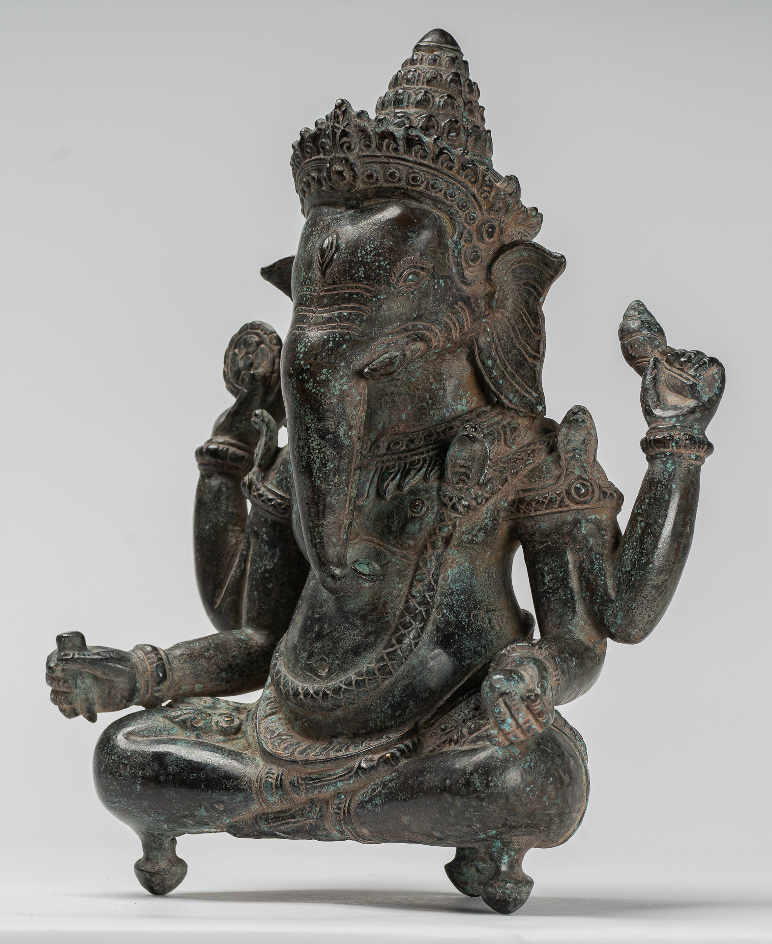Ganesha Statue - Antique Khmer Style Baphuon Bronze Seated Four Arm Ganesh Statue - 33cm/13"