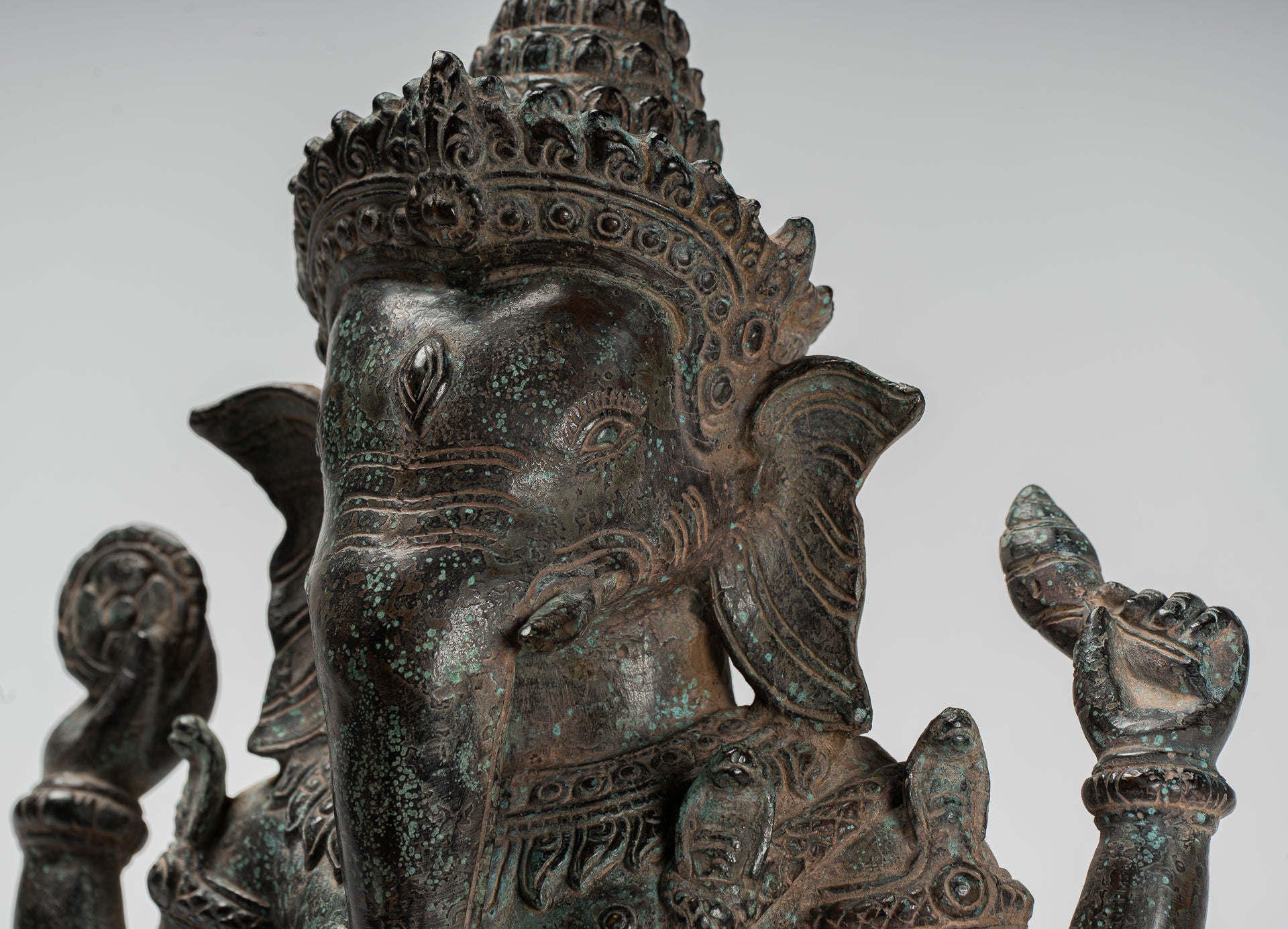 Ganesha Statue - Antique Khmer Style Baphuon Bronze Seated Four Arm Ganesh Statue - 33cm/13"