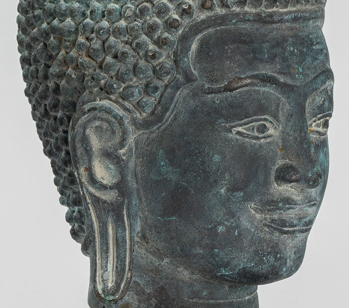Buddha Statue - Antique Khmer Style Bronze Lotus Flower Buddha Head - 22cm/9"