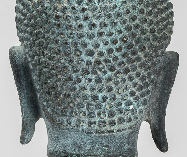 Buddha Statue - Antique Khmer Style Bronze Lotus Flower Buddha Head - 22cm/9"