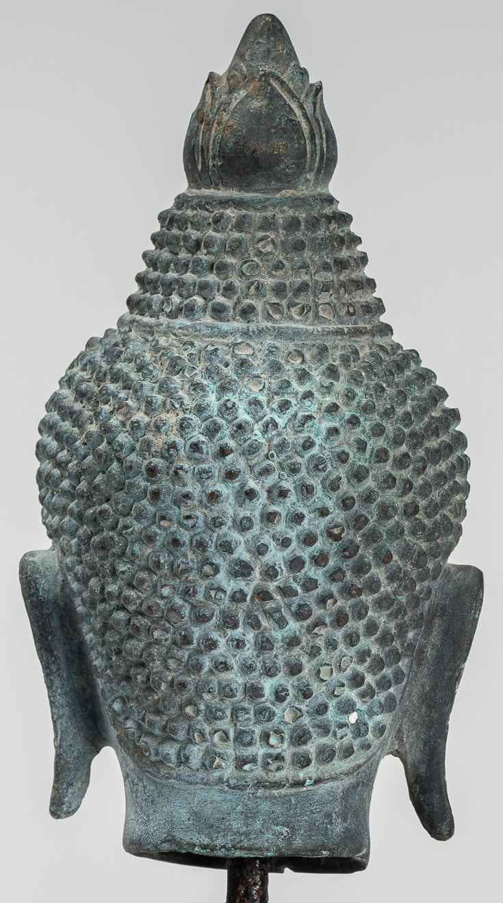 Buddha Statue - Antique Khmer Style Bronze Lotus Flower Buddha Head - 22cm/9"