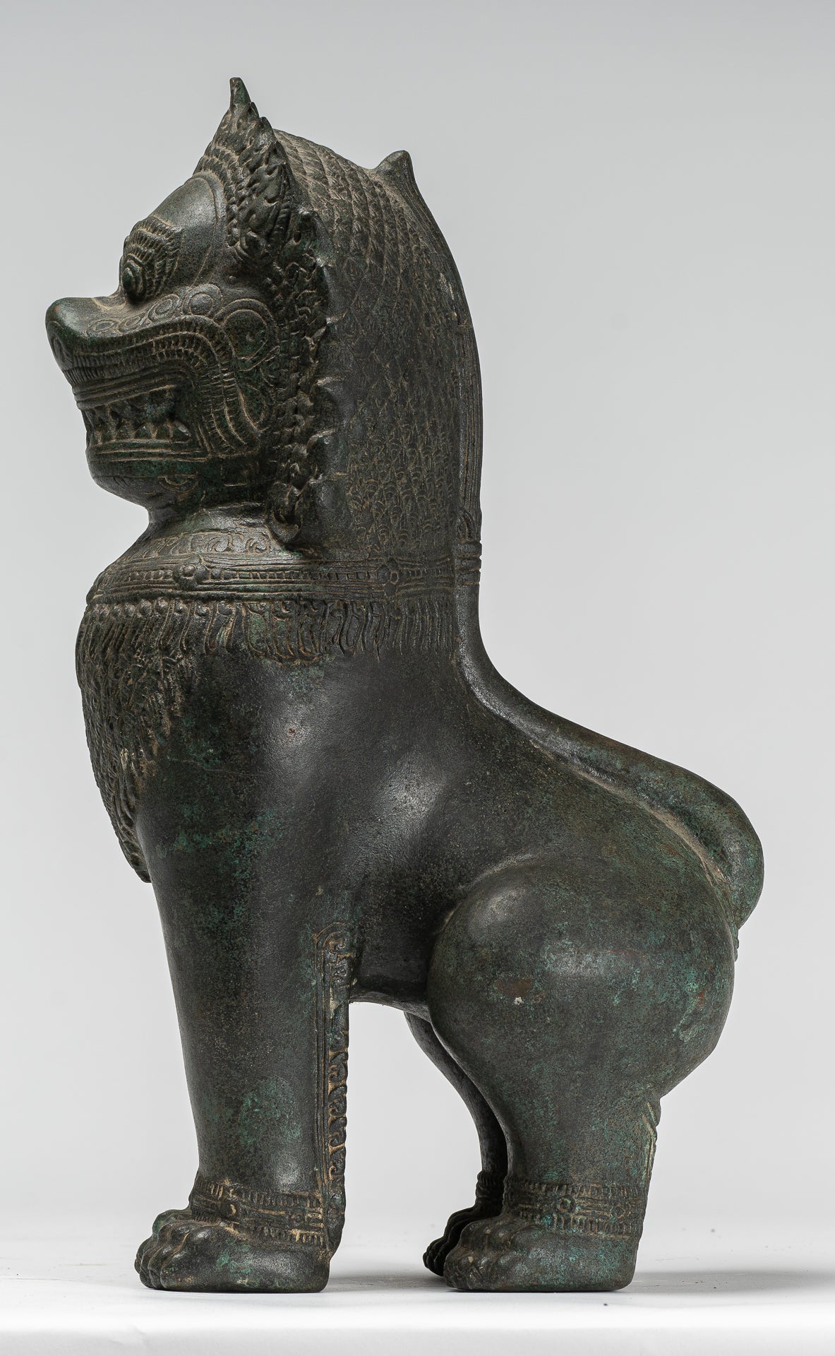 Temple Lion - Antique Khmer Style Bronze Standing Temple Guardian or Lion - 40cm/16"