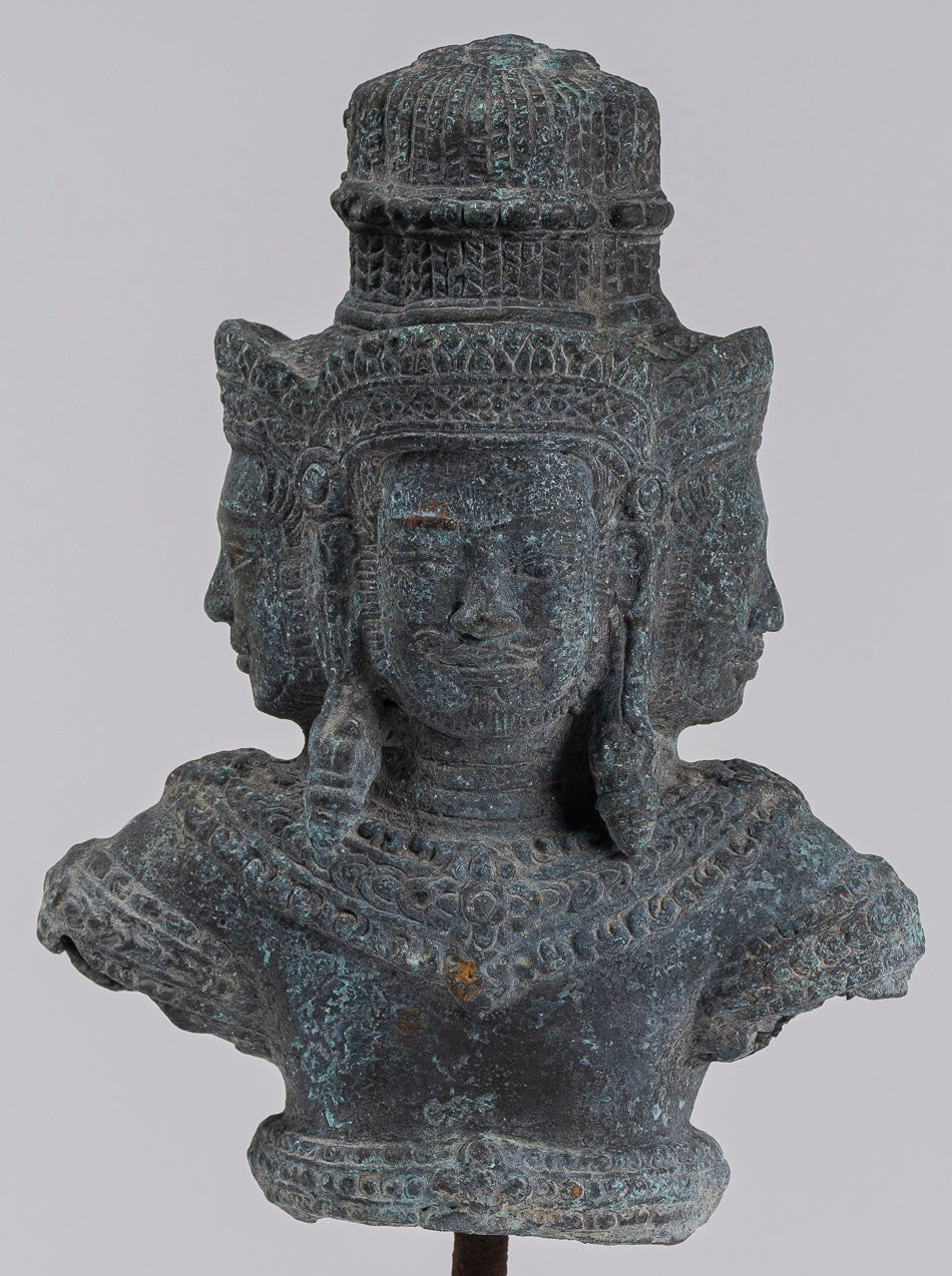 Brahma Statue - Antique Khmer Style Mounted Bronze Brahma Torso - Hindu God Creation - 26cm/10"