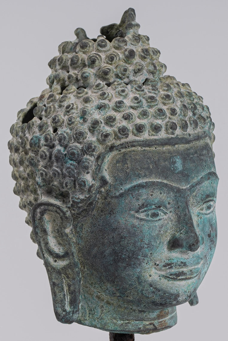 Buddha Statue - Antique Khmer Style Bronze Lotus Flower Buddha Head - 20cm/8"