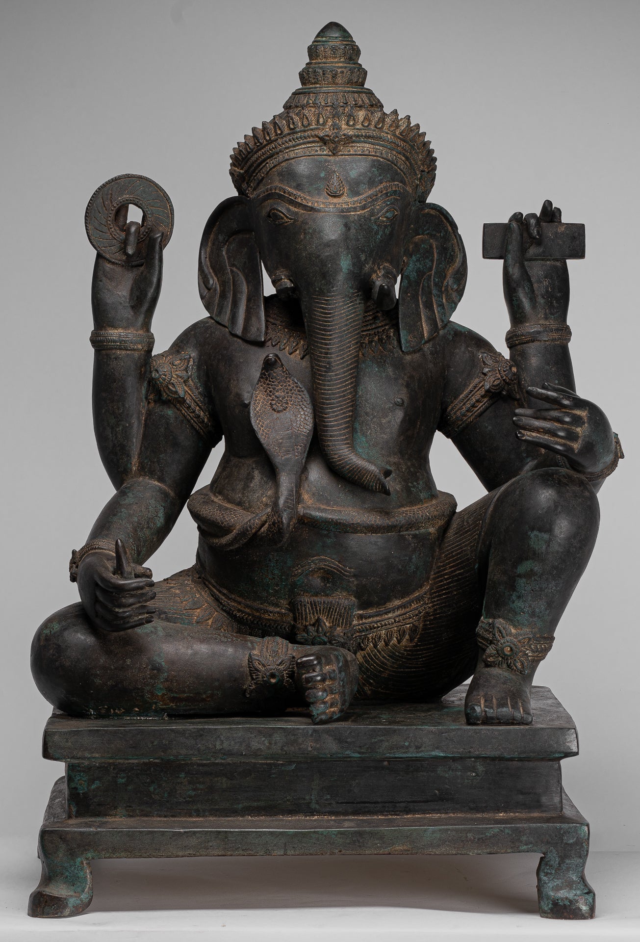 Ganesha Statue - Antique Thai Style Bronze Seated 4-Arm Ganesha Statue - 85cm/34"