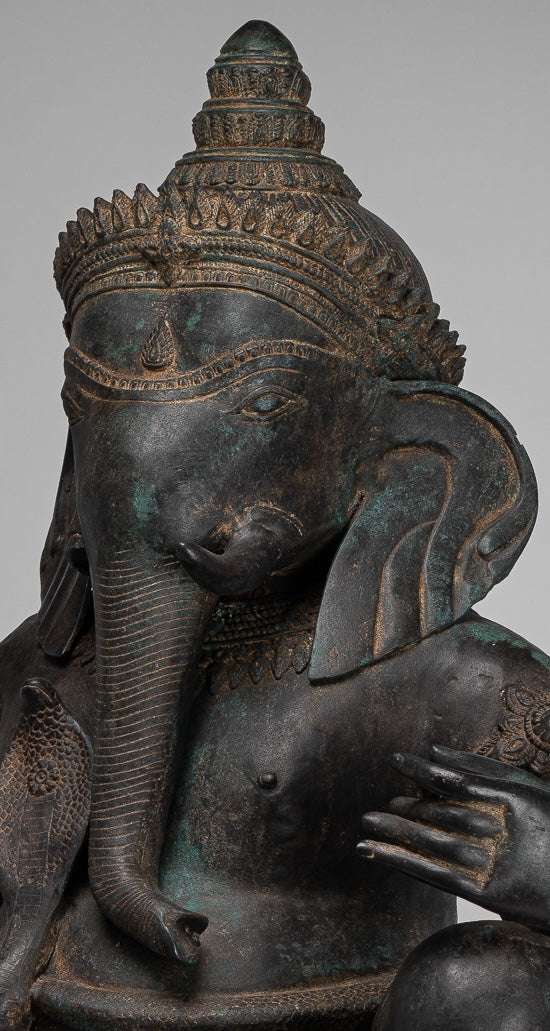 Ganesha Statue - Antique Thai Style Bronze Seated 4-Arm Ganesha Statue - 85cm/34"