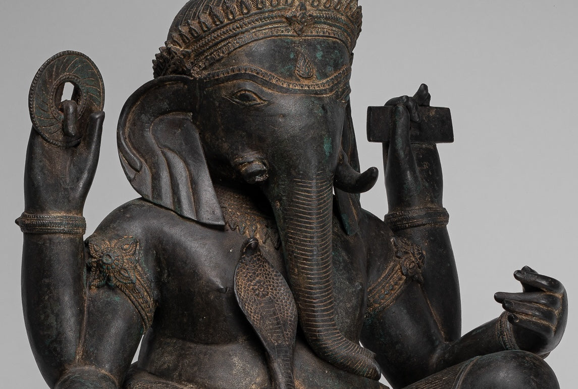 Ganesha Statue - Antique Thai Style Bronze Seated 4-Arm Ganesha Statue - 85cm/34"