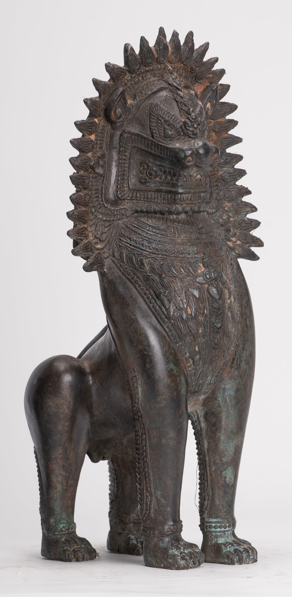 Temple Lion - Antique Thai Style Bronze Standing Singha Temple Guardians or Lions - 41cm/16" (Pair)