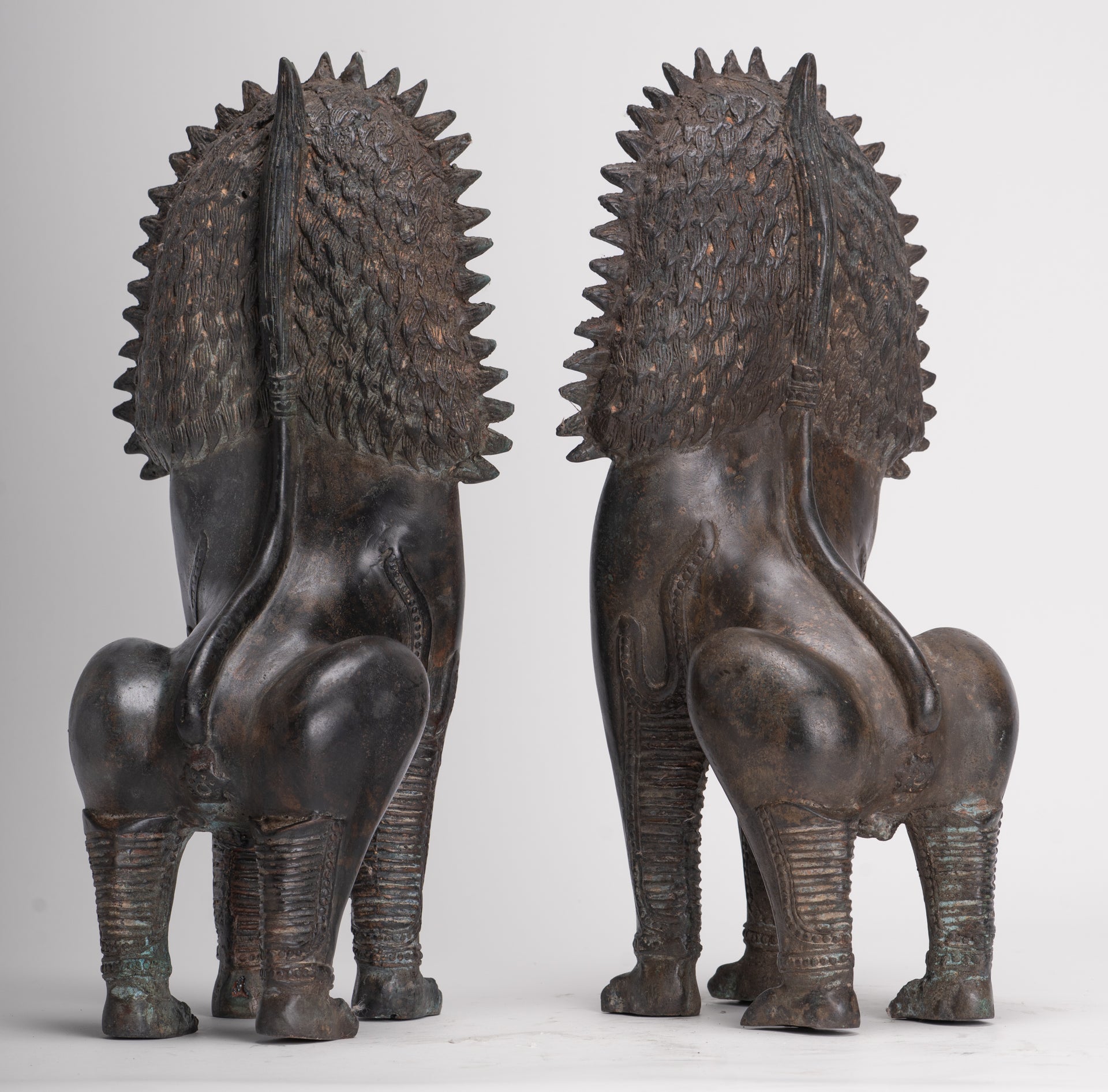 Temple Lion - Antique Thai Style Bronze Standing Singha Temple Guardians or Lions - 41cm/16" (Pair)