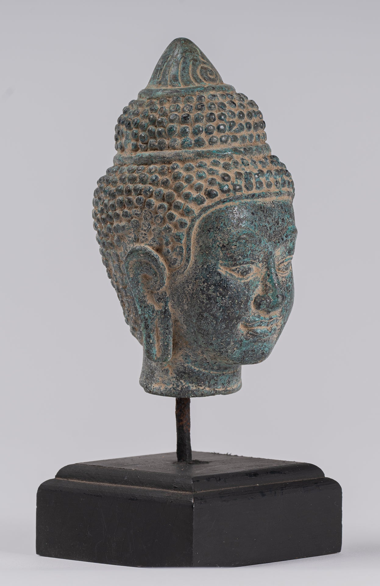 Buddha Statue - Antique Khmer Style Mounted Bronze Phnom Da Buddha Head Statue - 18cm/7"