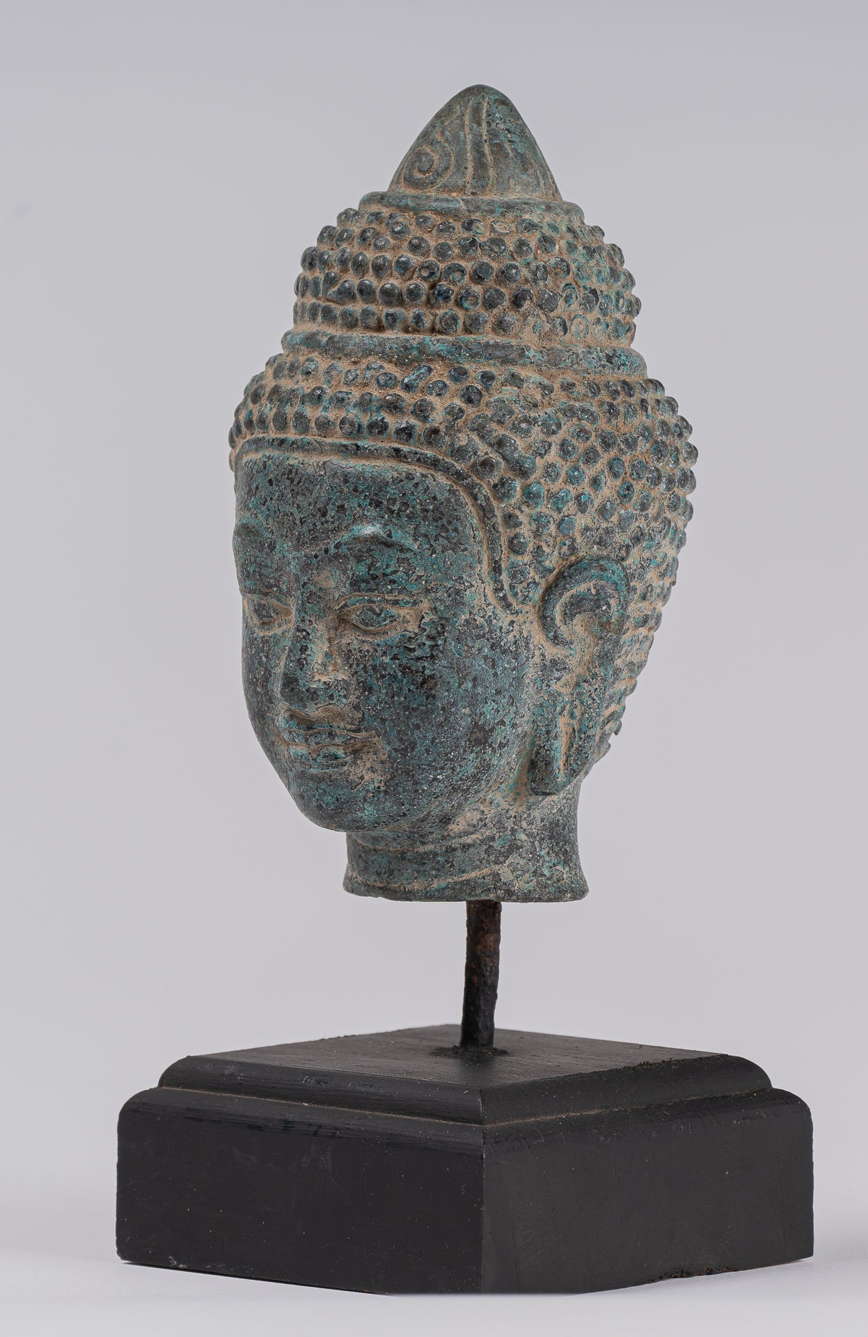 Buddha Statue - Antique Khmer Style Mounted Bronze Phnom Da Buddha Head Statue - 18cm/7"