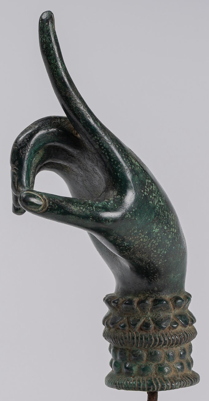 Mounted Antique Khmer Style Bronze Apsara Suchi Mudra Hand - 30cm/12"