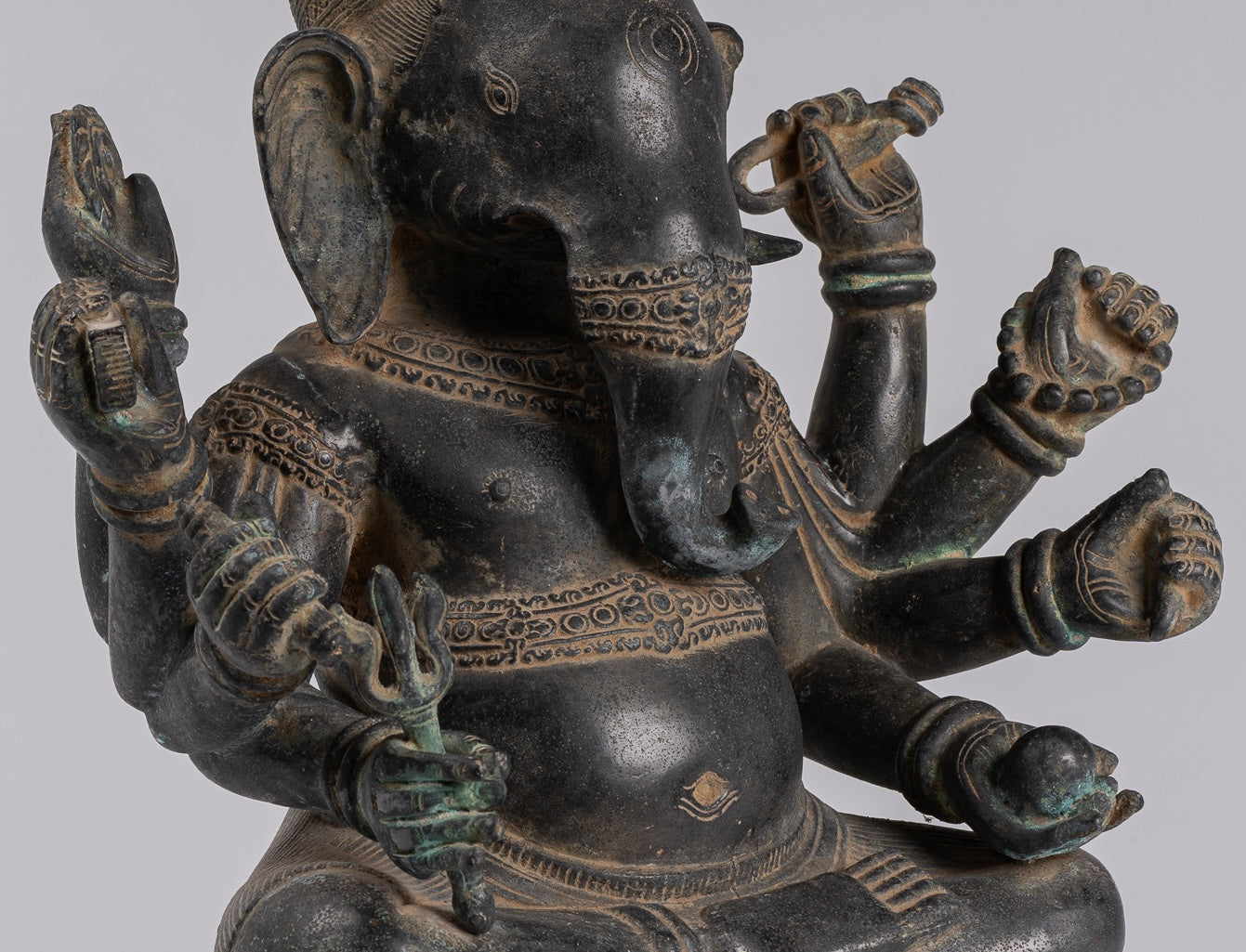 Ganesha Statue - Antique Khmer Style Angkor Wat Bronze Seated Eight Arm Ganesh Statue - 41cm/16"