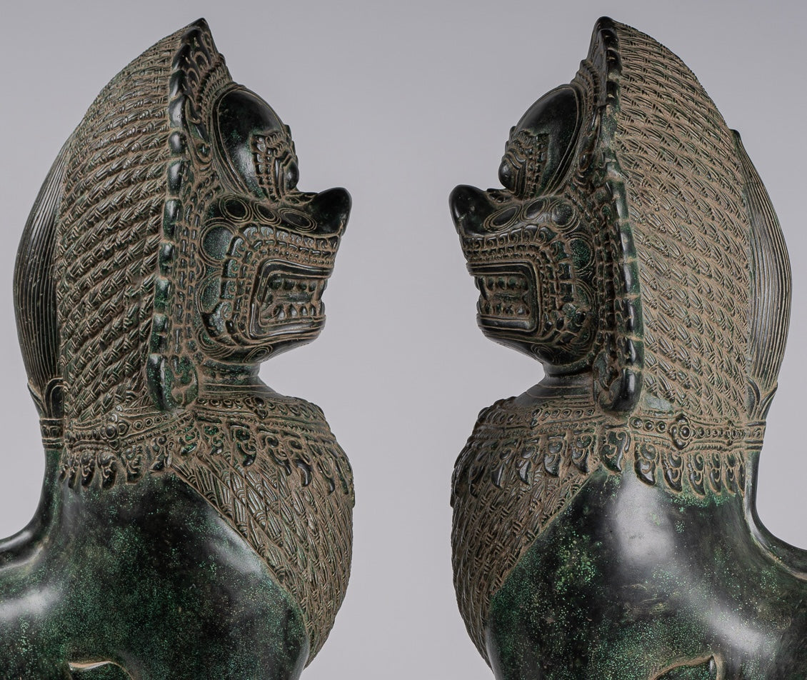 Temple Lions - Antique Khmer Style Bronze Temple Guardians or Lions (Pair) - 72cm/29"