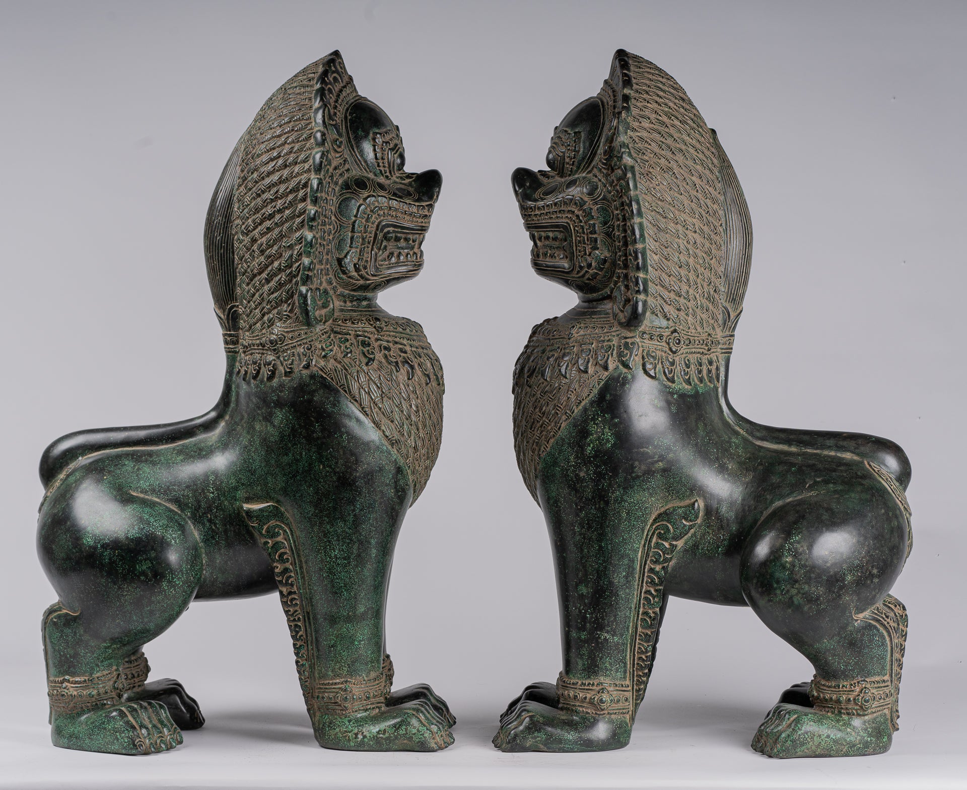 Temple Lions - Antique Khmer Style Bronze Temple Guardians or Lions (Pair) - 72cm/29"