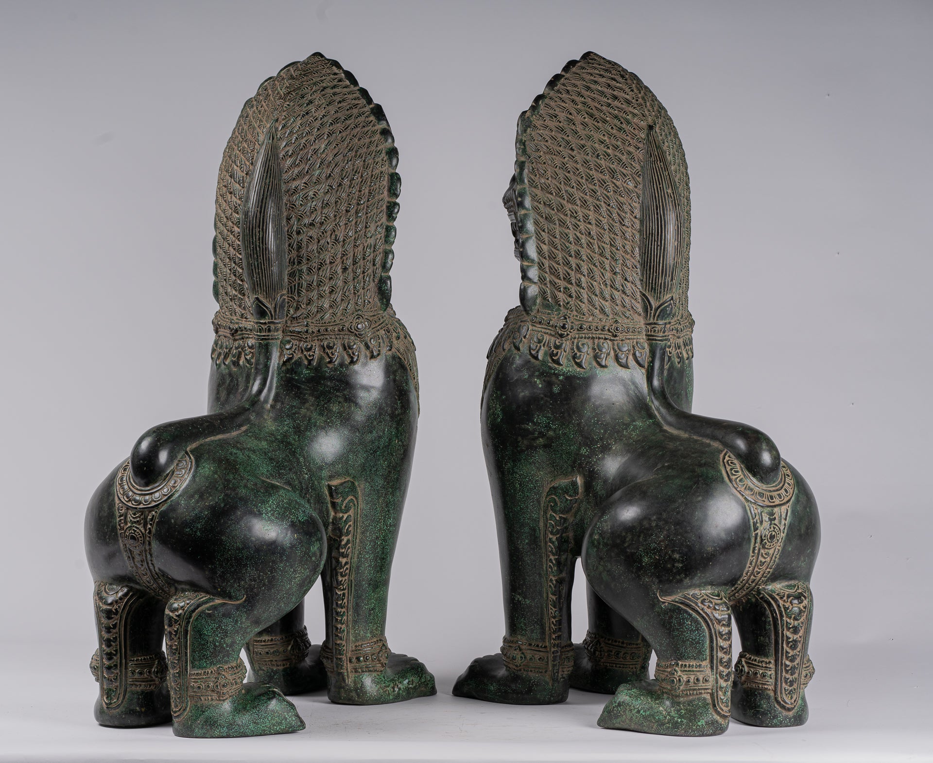 Temple Lions - Antique Khmer Style Bronze Temple Guardians or Lions (Pair) - 72cm/29"