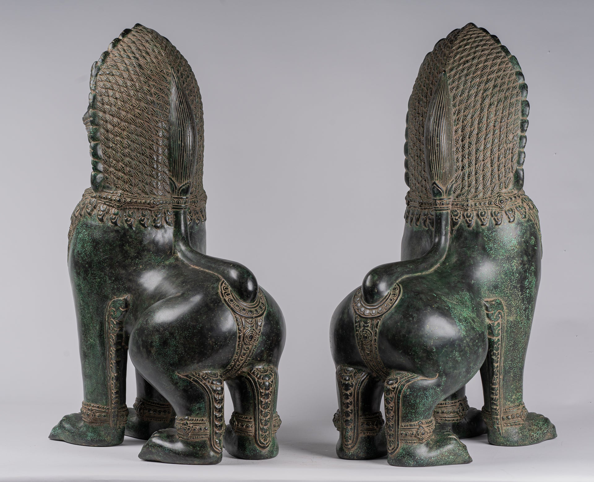 Temple Lions - Antique Khmer Style Bronze Temple Guardians or Lions (Pair) - 72cm/29"