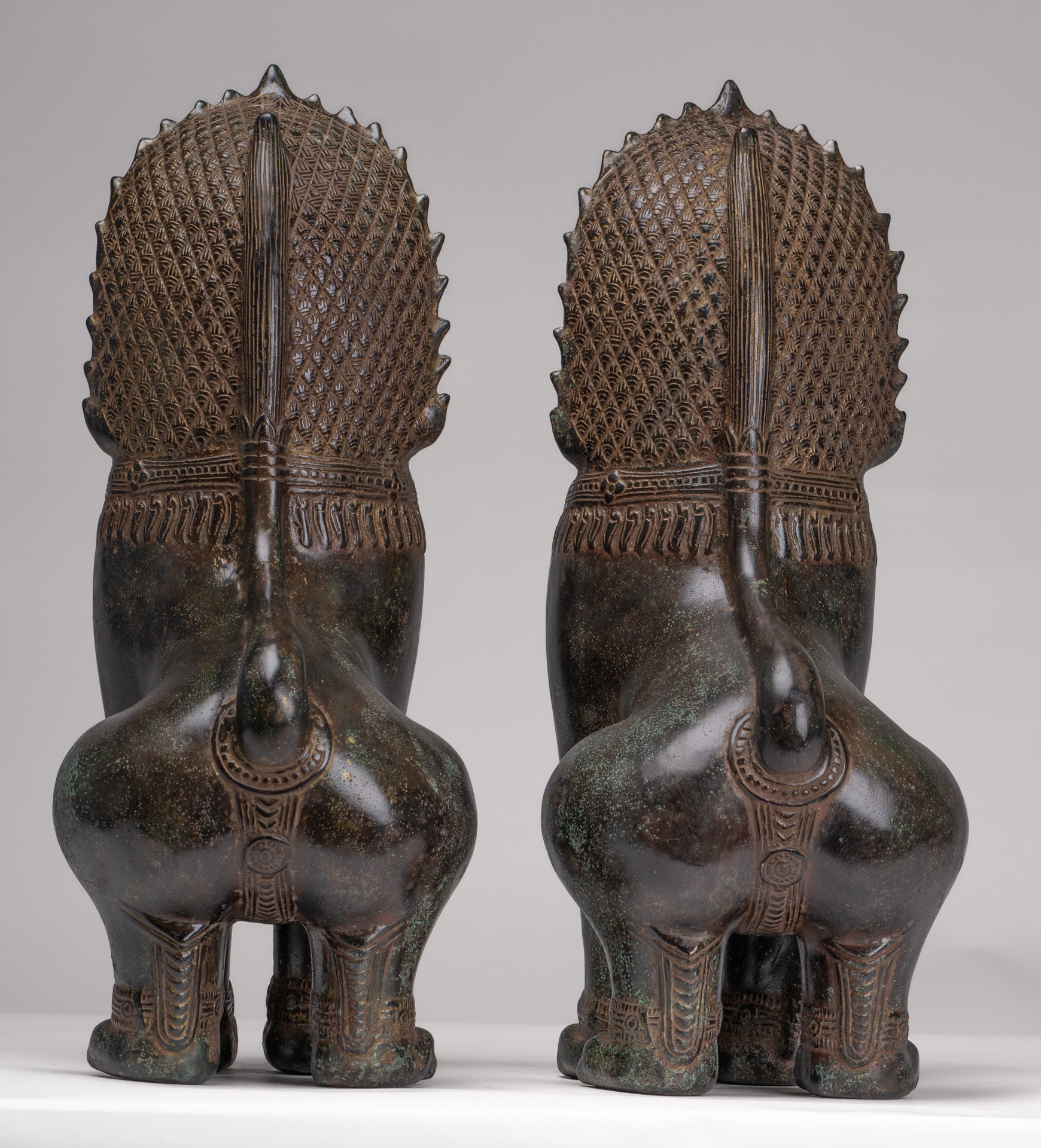 Temple Lions - Antique Khmer Style Bronze Standing Temple Guardians or Lions - 39cm/16"