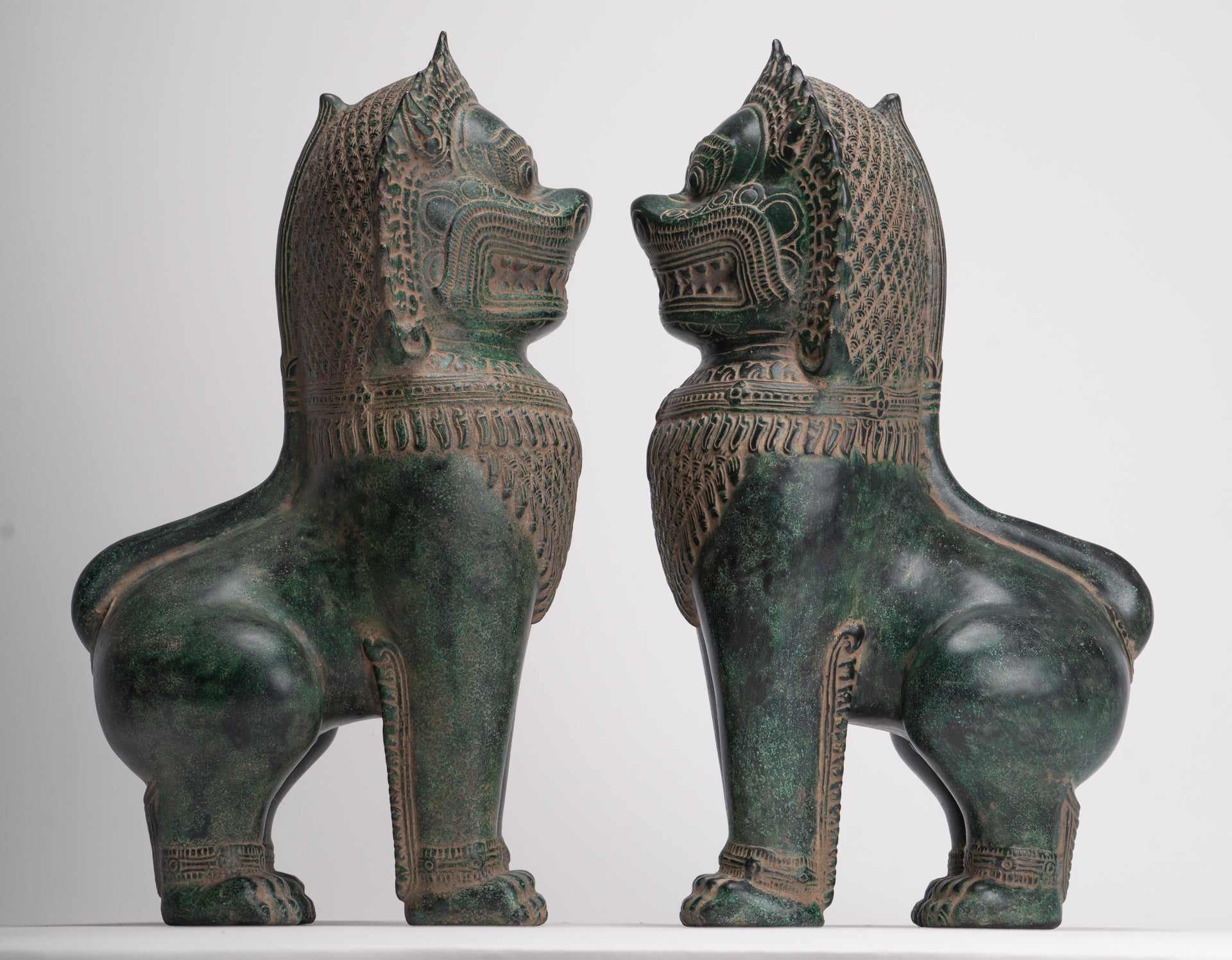 Temple Lions - Antique Khmer Style Bronze Standing Temple Guardians or Lions - 39cm/16"