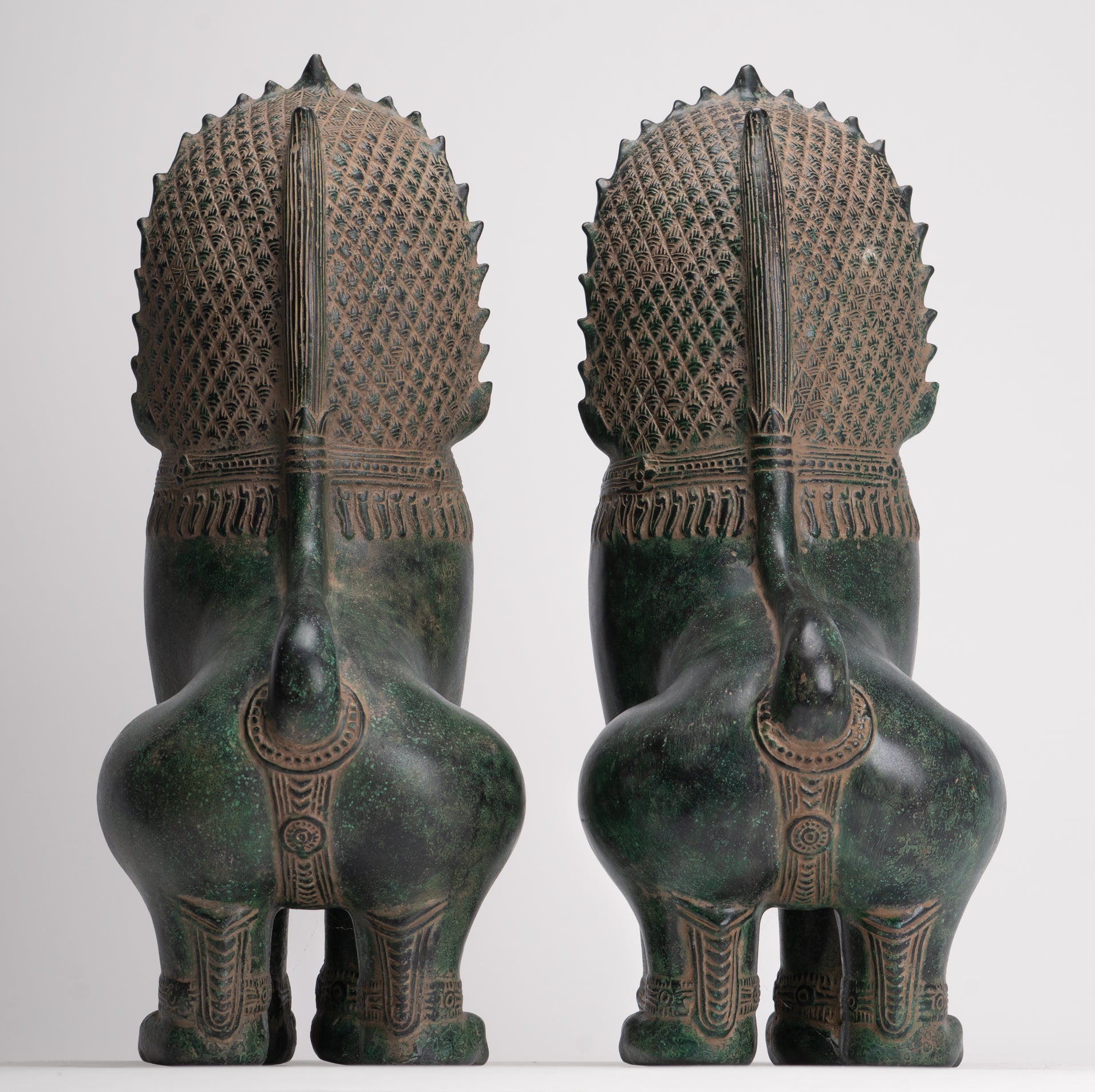 Temple Lions - Antique Khmer Style Bronze Standing Temple Guardians or Lions - 39cm/16"