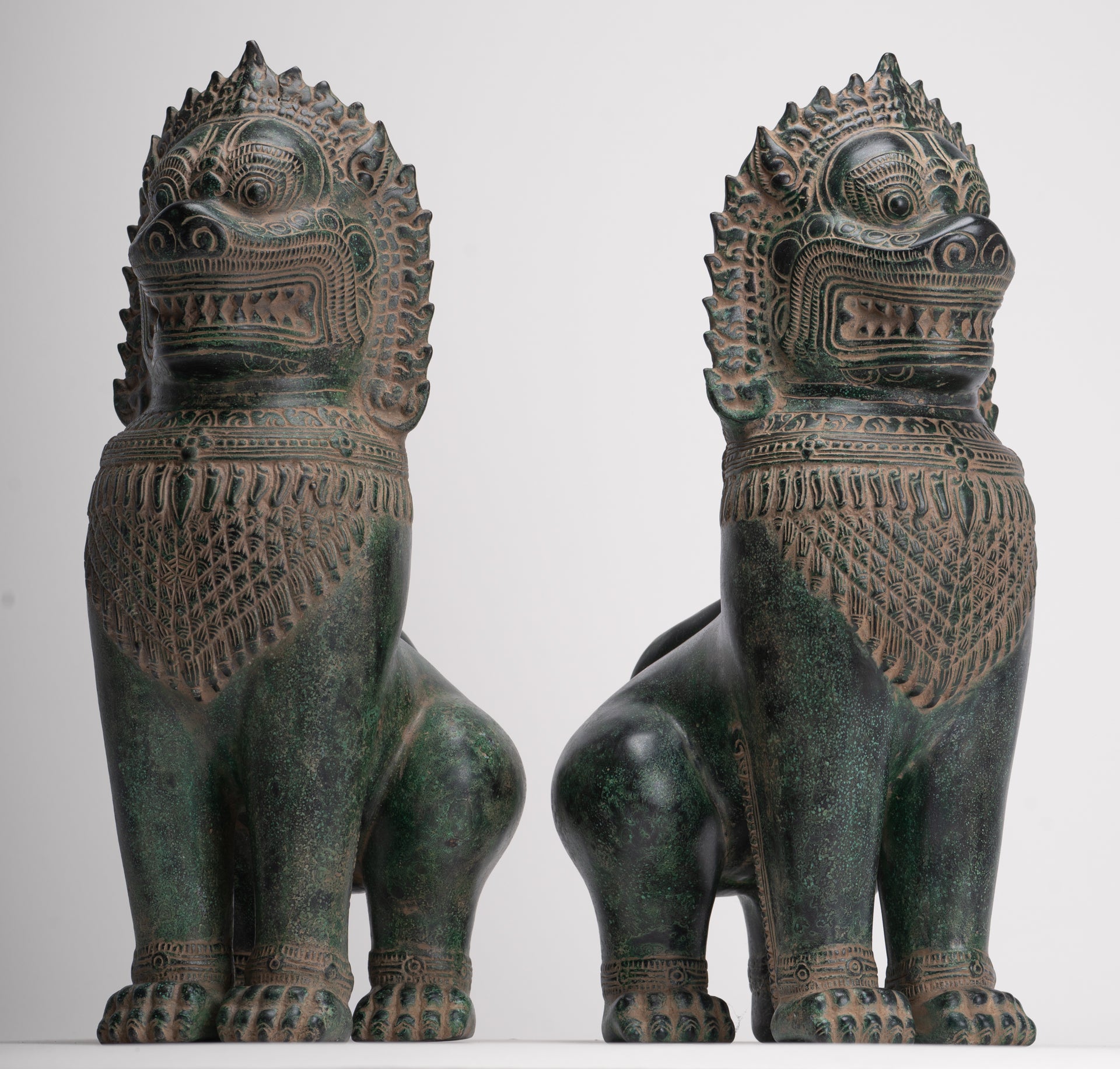 Temple Lions - Antique Khmer Style Bronze Standing Temple Guardians or Lions - 39cm/16"