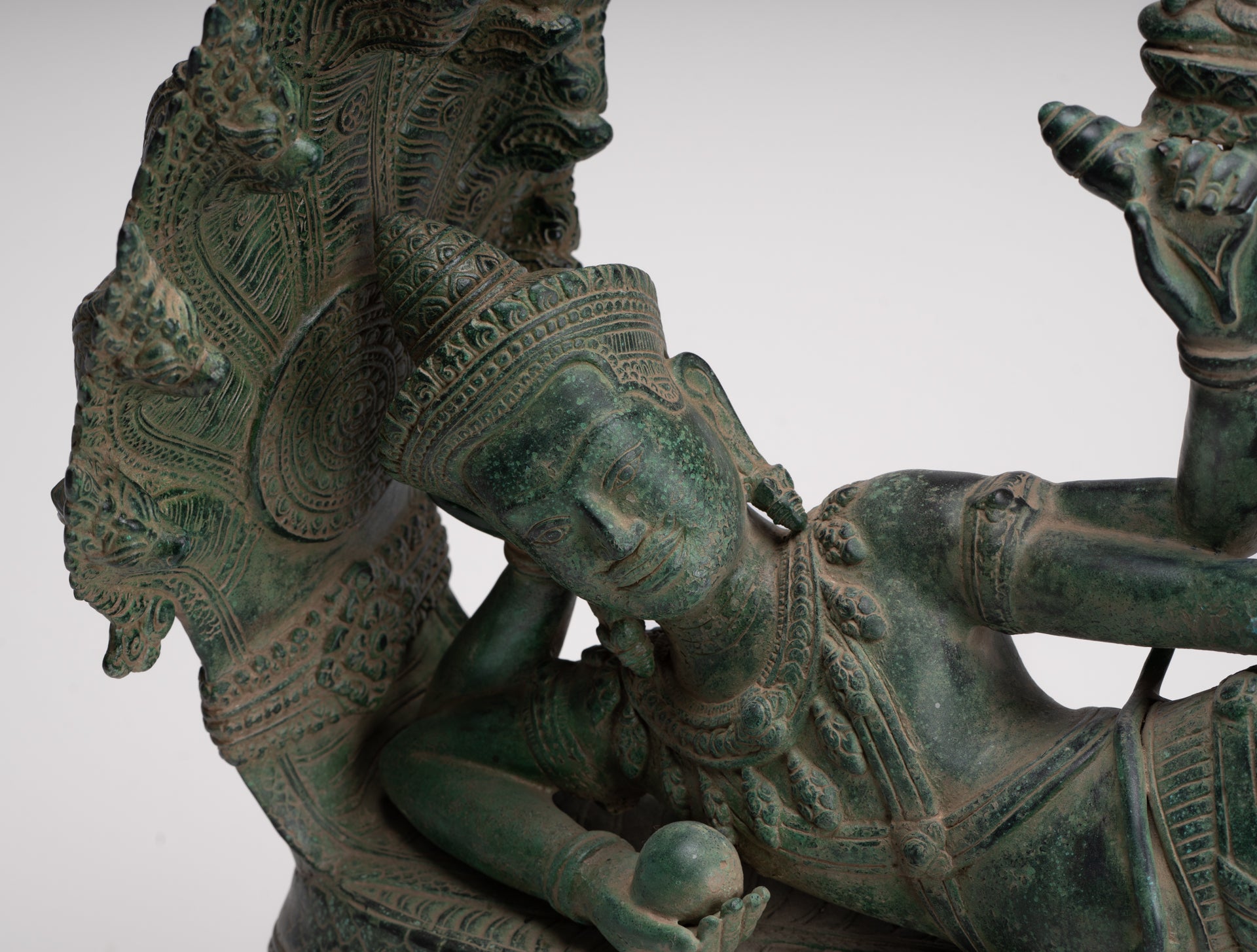 Antique Khmer Style Angkor Wat Bronze Reclining Vishnu Statue - 52cm/21" Long