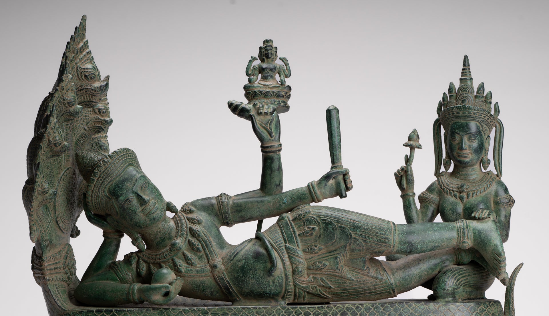 Antique Khmer Style Angkor Wat Bronze Reclining Vishnu Statue - 52cm/21" Long