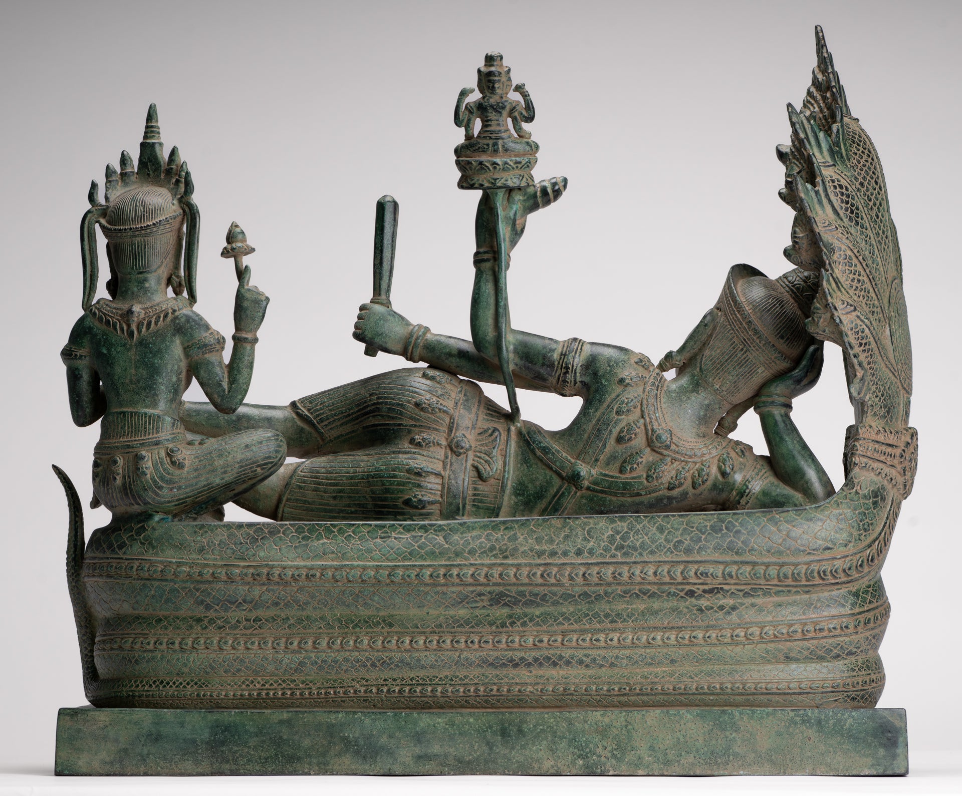 Antique Khmer Style Angkor Wat Bronze Reclining Vishnu Statue - 52cm/21" Long