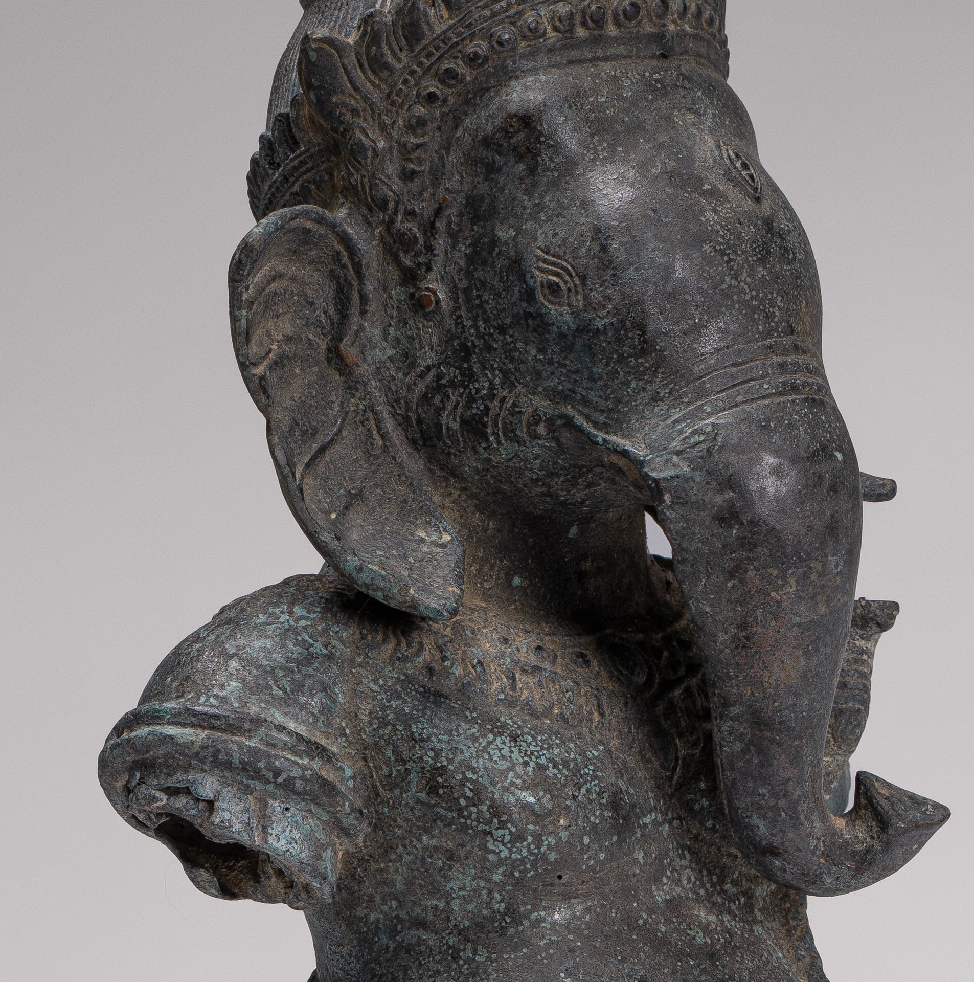 Elephant - Antique Khmer Style Mounted Bronze Bayon Style Elephant Statue - 37cm/15" Tall