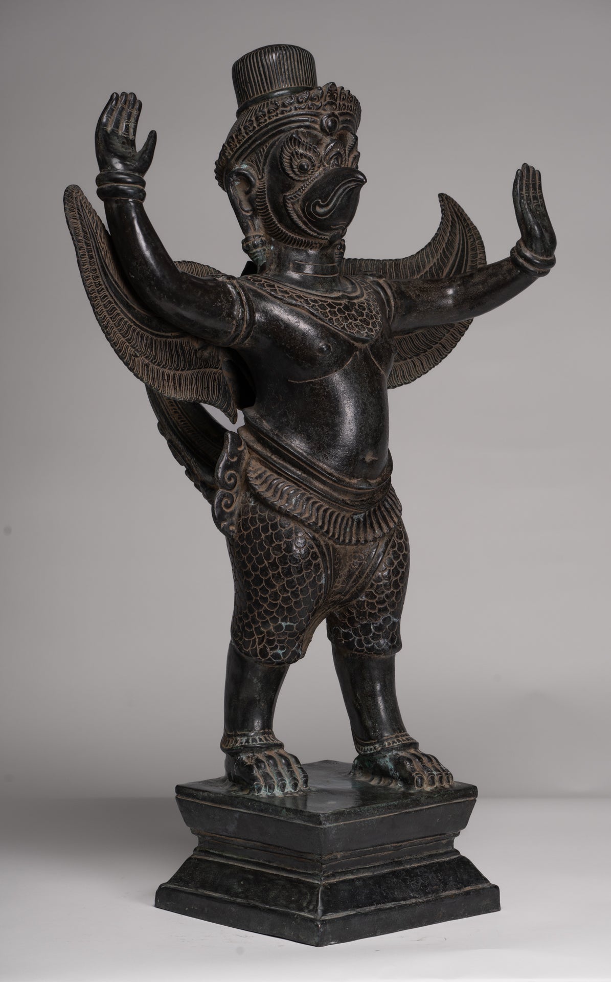 Antique Banteay Srei Style Seated Bronze Khmer Vishnu Garuda Statue - 71cm/28"