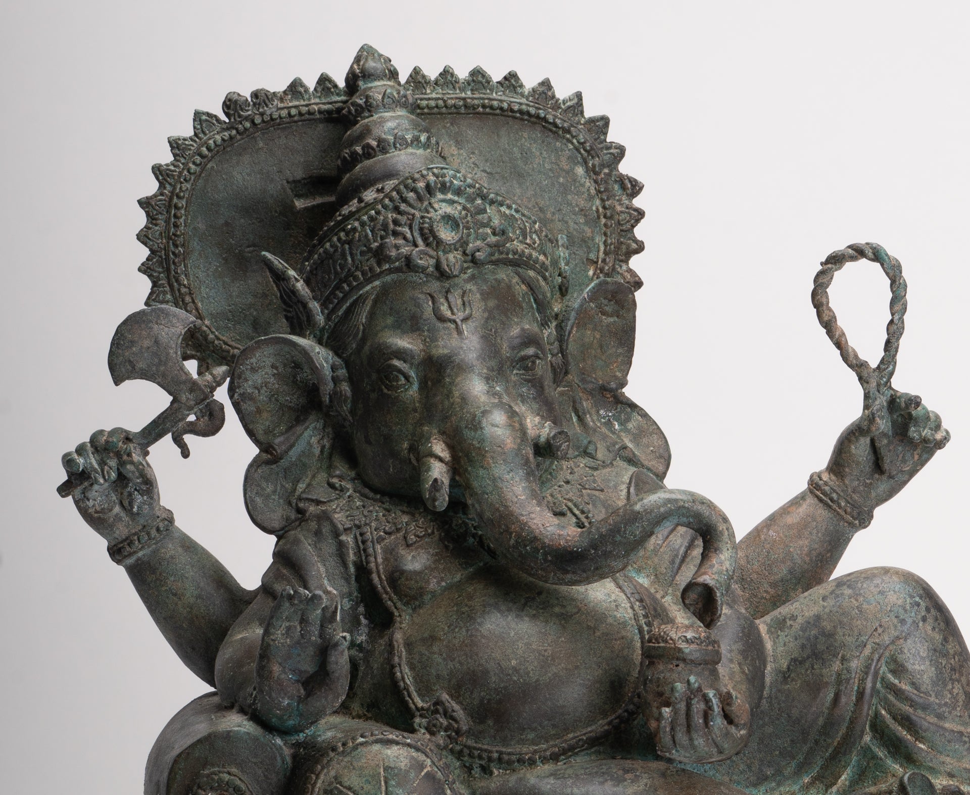 Ganesh - Antique Thai Style Bronze Reclining Ganesha Statue w/Mouse - 41cm/16"