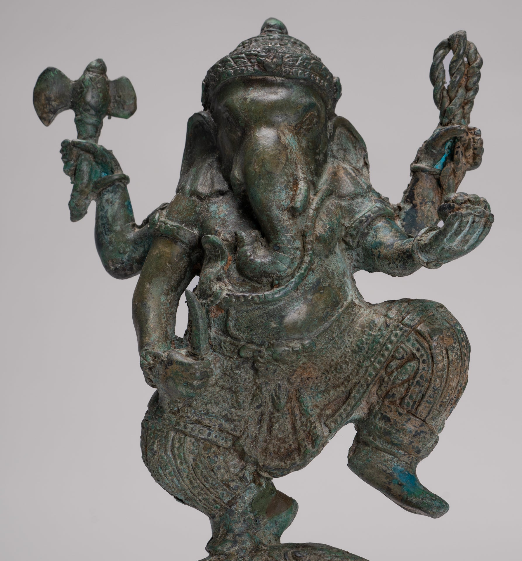 Ganesh - Antique Thai Style Bronze Dancing Ganesha Statue w/Mouse - 28cm/11"