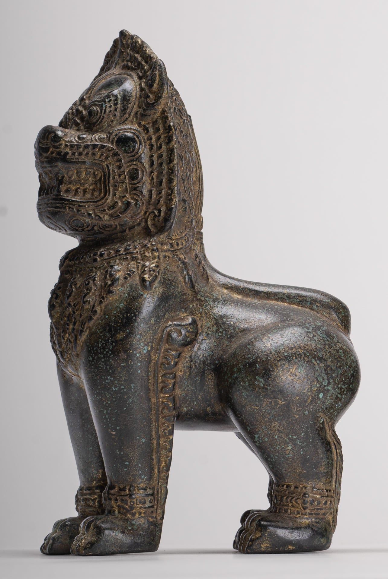 Temple Lions - Antique Khmer Style Bronze Standing Temple Guardian or Lions (Pair) - 22cm/9"