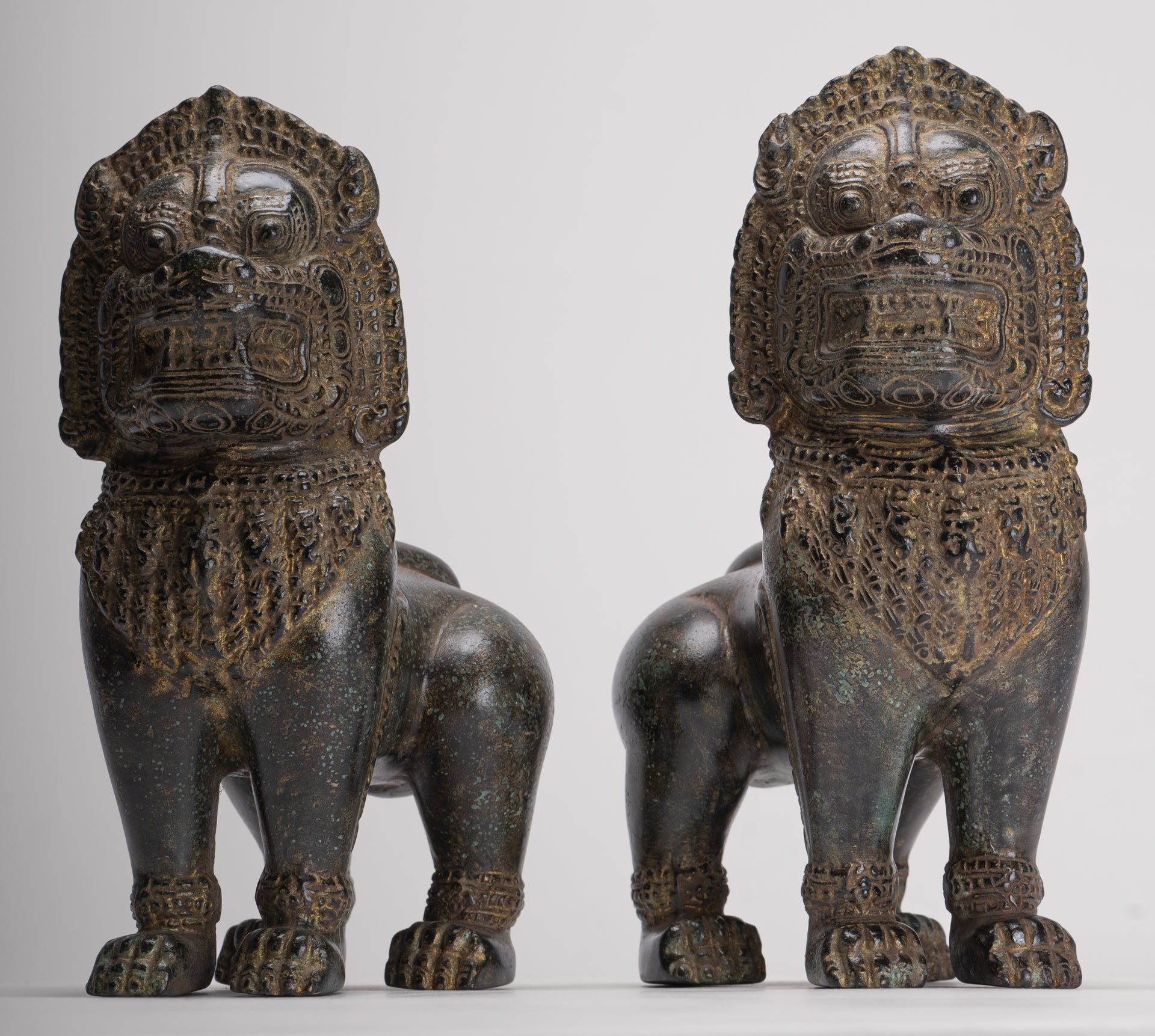 Temple Lions - Antique Khmer Style Bronze Standing Temple Guardian or Lions (Pair) - 22cm/9"