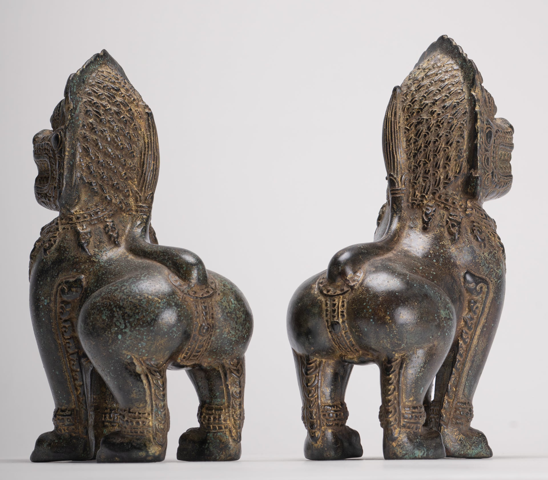 Temple Lions - Antique Khmer Style Bronze Standing Temple Guardian or Lions (Pair) - 22cm/9"
