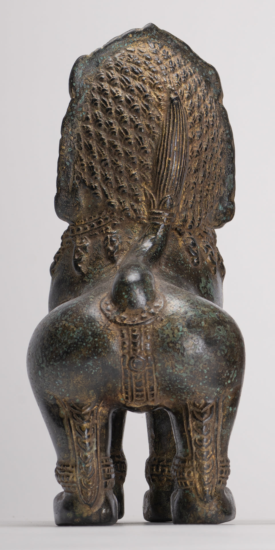 Temple Lions - Antique Khmer Style Bronze Standing Temple Guardian or Lions (Pair) - 22cm/9"