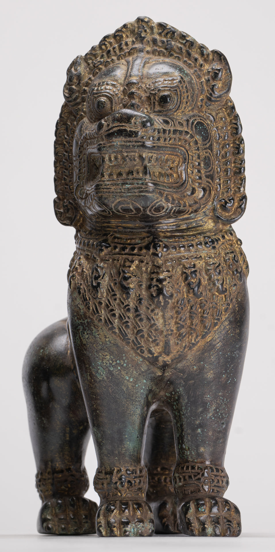 Temple Lions - Antique Khmer Style Bronze Standing Temple Guardian or Lions (Pair) - 22cm/9"