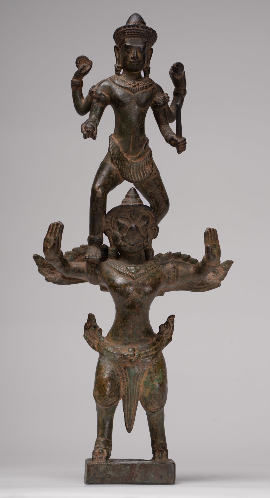 Masterpiece - Antique Khmer Style Bronze Khmer Baphuon Vishnu Statue Riding Garuda - 36cm/14"