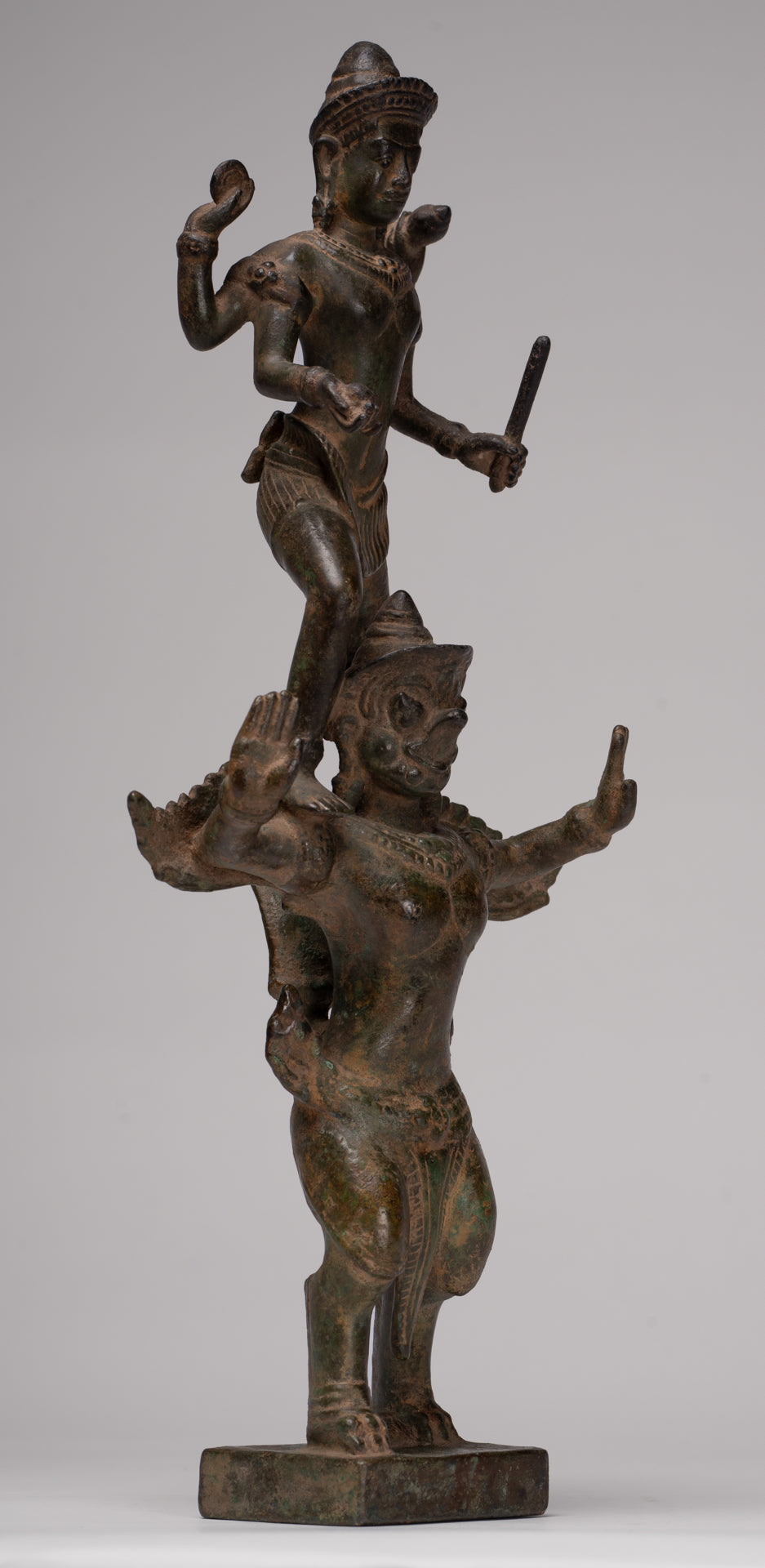 Masterpiece - Antique Khmer Style Bronze Khmer Baphuon Vishnu Statue Riding Garuda - 36cm/14"