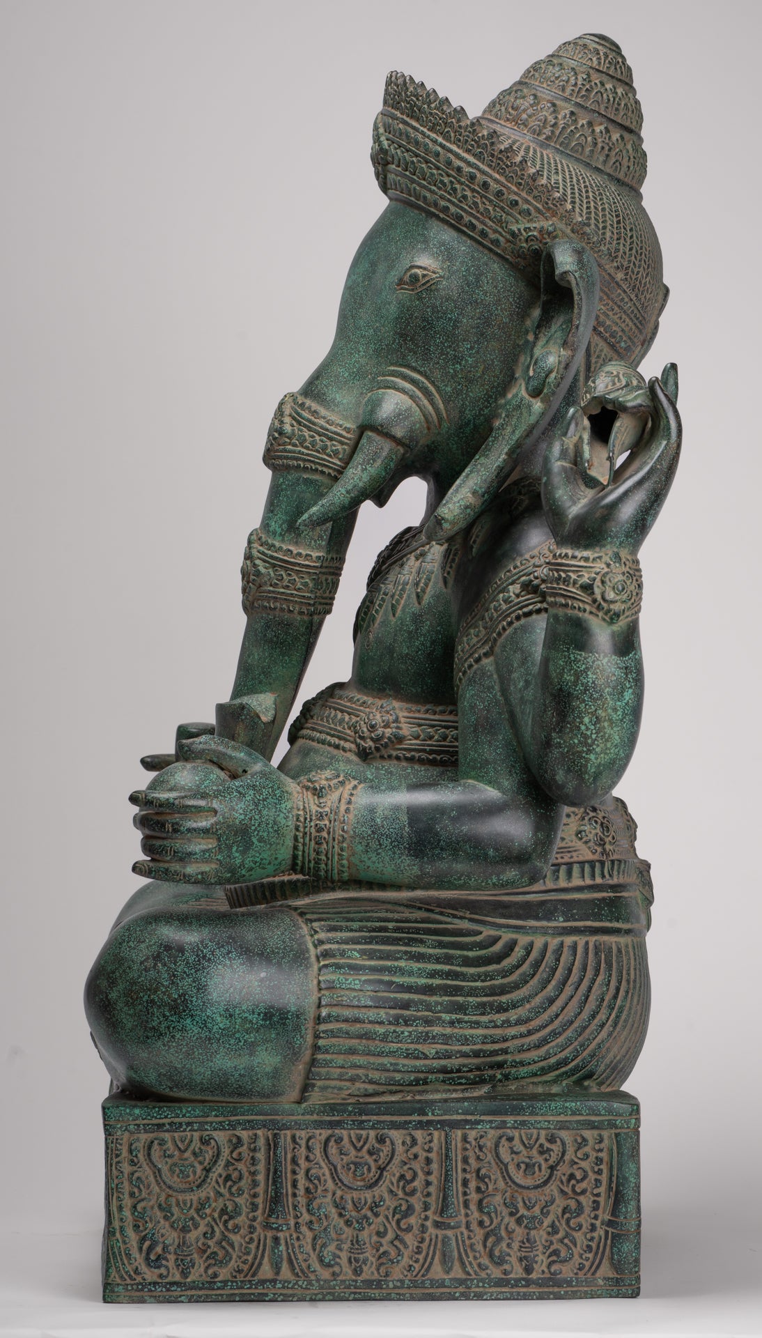 Large Ganesha Statue - Antique Khmer Style Angkor Wat Bronze Seated Four Arm Ganesh Statue - 74cm/30"