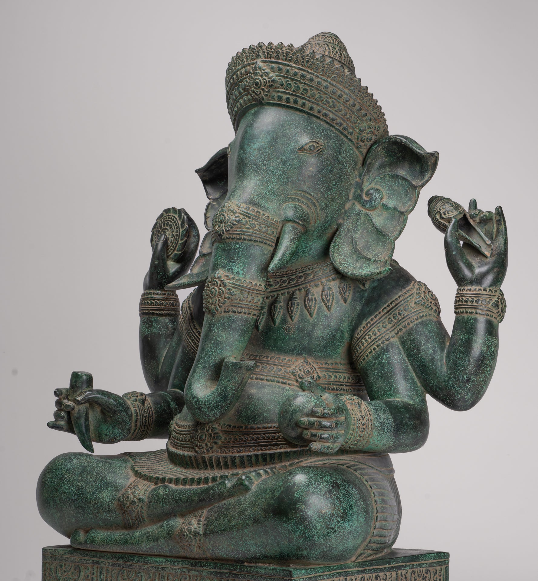 Large Ganesha Statue - Antique Khmer Style Angkor Wat Bronze Seated Four Arm Ganesh Statue - 74cm/30"