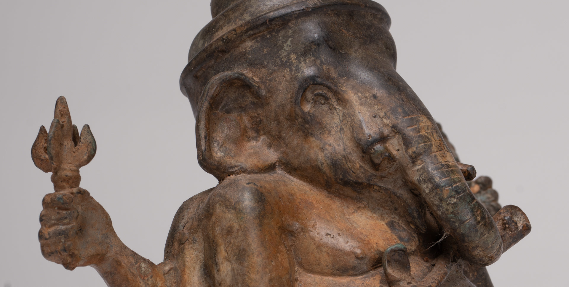 Ganesha Statue - Antique Thai Style Bronze Seated 4-Arm Ganesha Statue - 16cm/6"