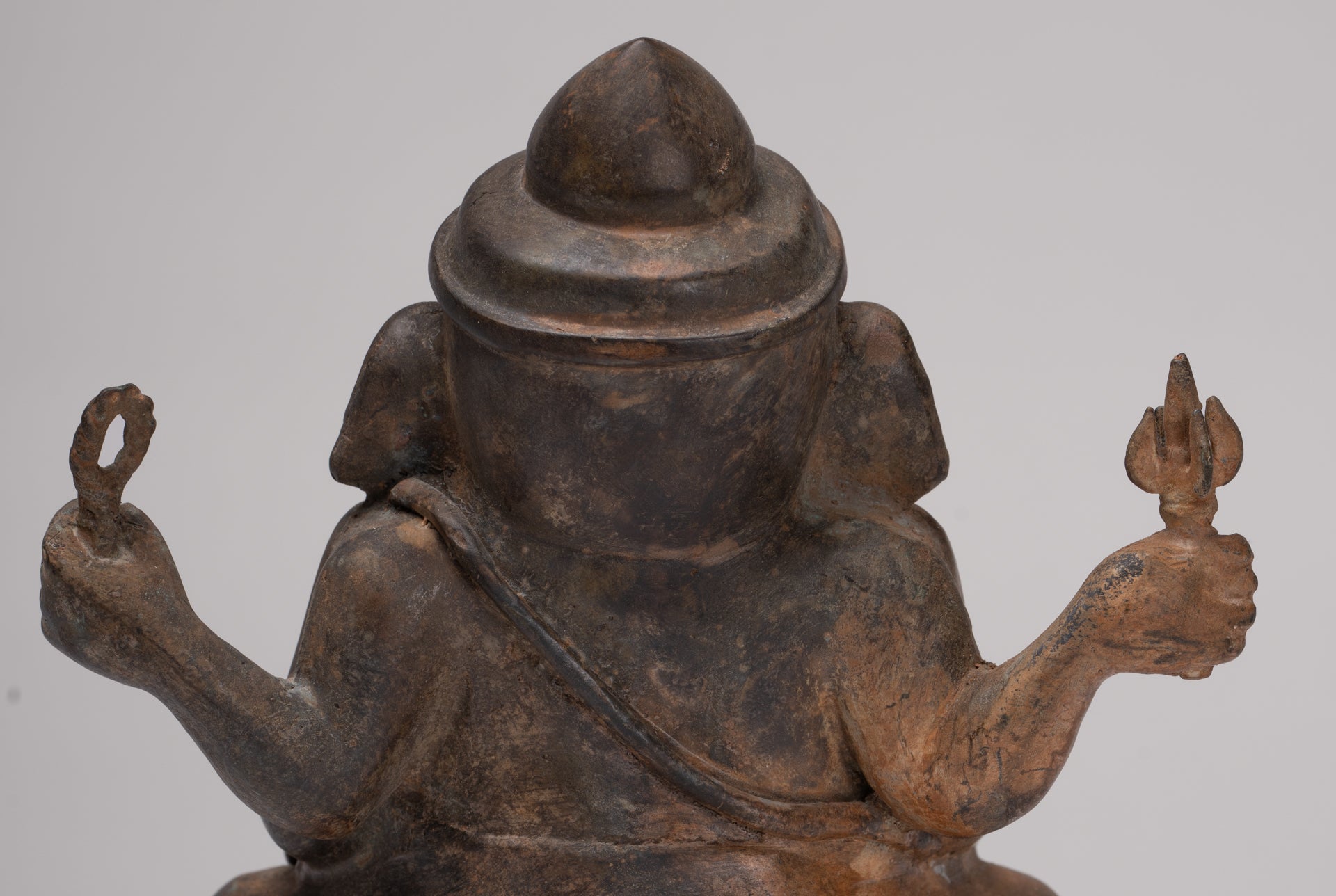 Ganesha Statue - Antique Thai Style Bronze Seated 4-Arm Ganesha Statue - 16cm/6"