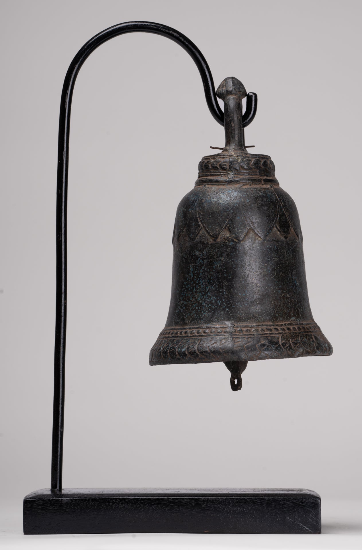 Antique Khmer Style Bronze Mounted Lotus Flower Bell - 29cm/12"