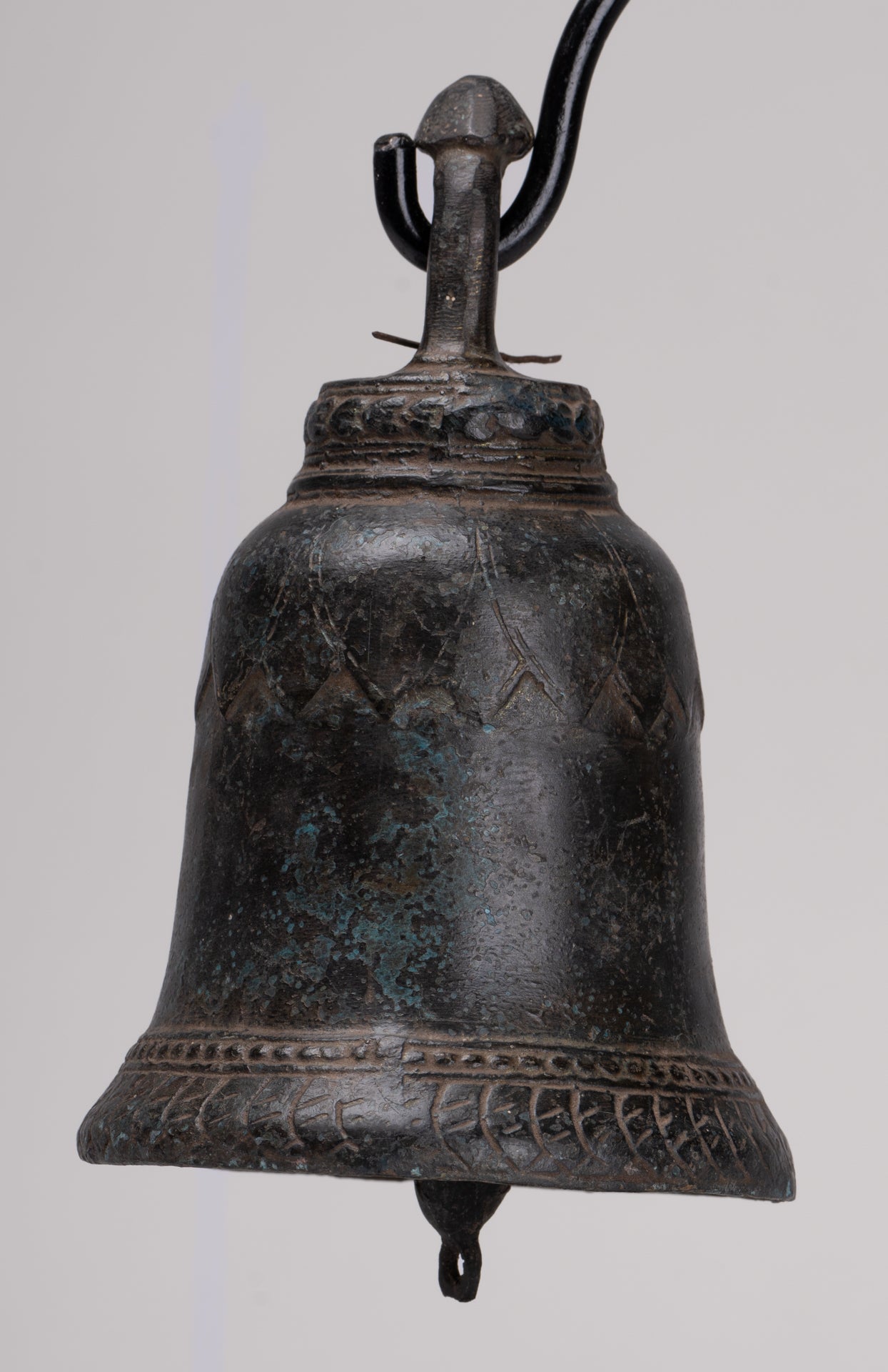 Antique Khmer Style Bronze Mounted Lotus Flower Bell - 29cm/12"