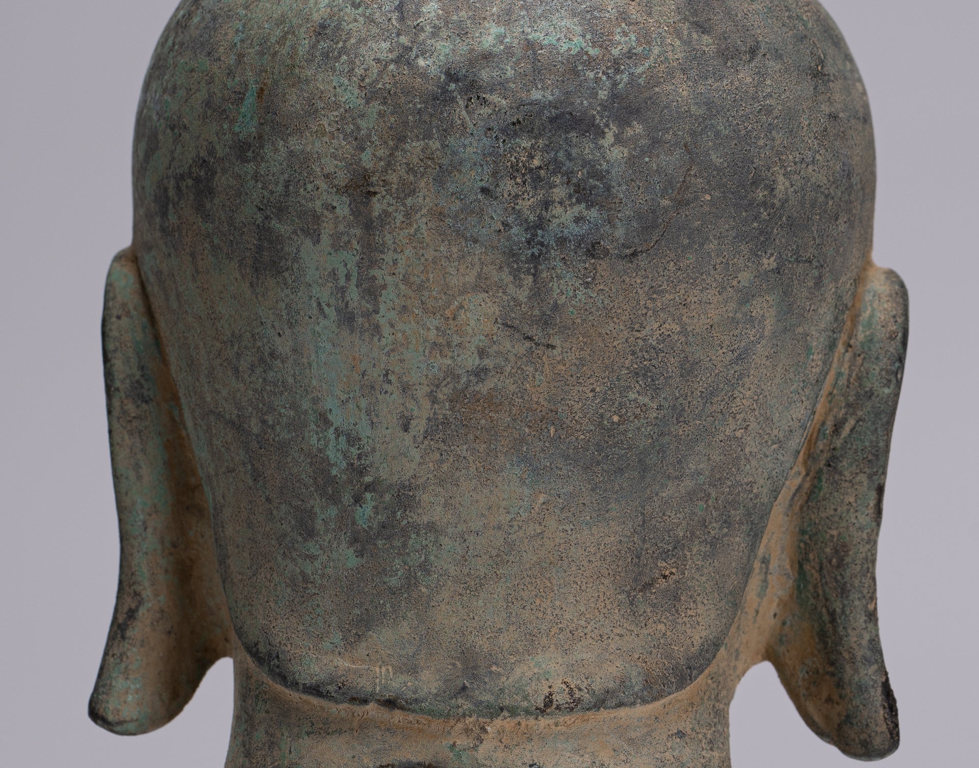 Buddha Statue - Antique Khmer Style Mounted Bronze Phnom Da Buddha Head Statue - 22cm/9"