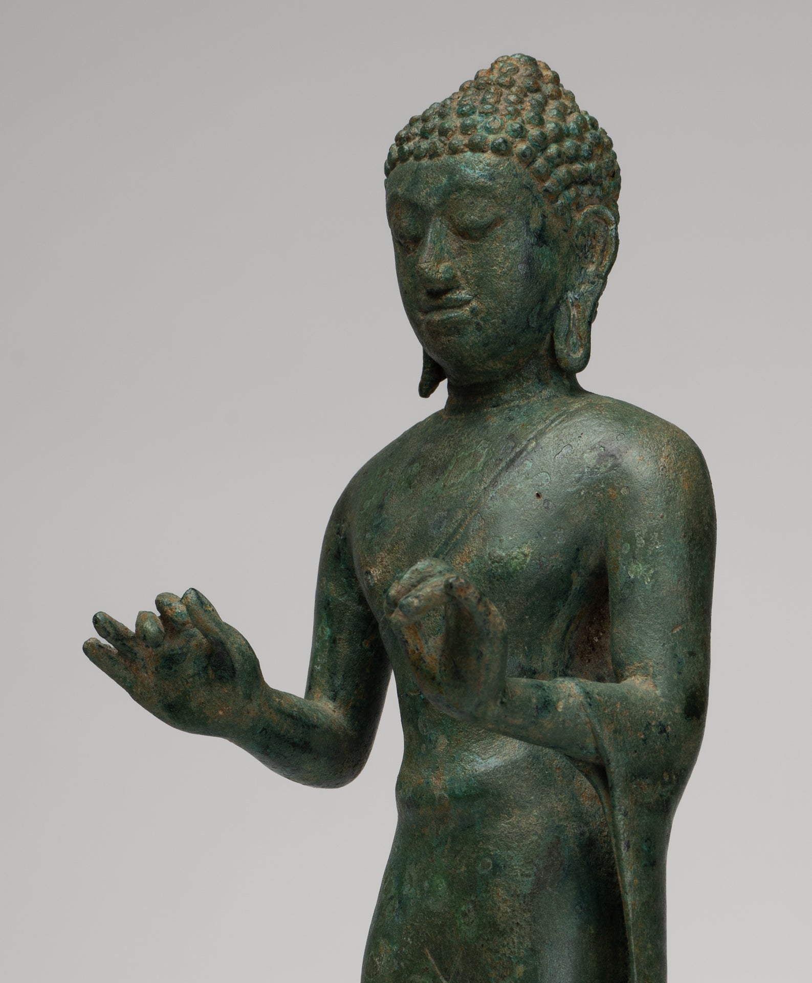 Buddha Statue - Antique Thai Style Standing Bronze Mon Dvaravati Teaching Buddha Statue - 35cm/14"